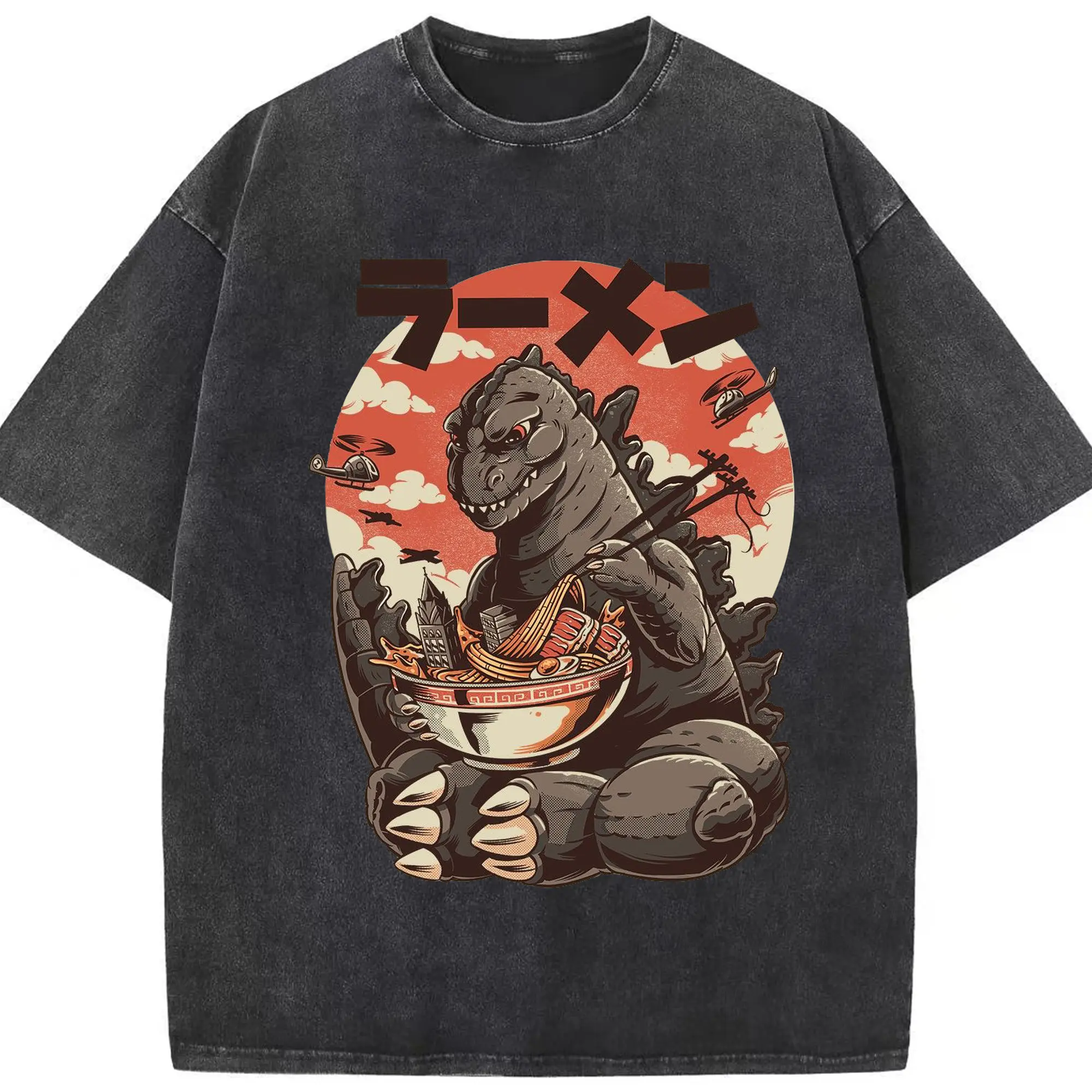 ゴジラの食事タイム - 綿100％ ヴィンテージ風 半袖Tシャツ ・ フロントプリント ・ 柔らか肌触り ・ 通気性 快適 ・ スポーツ カジュアル 外出用