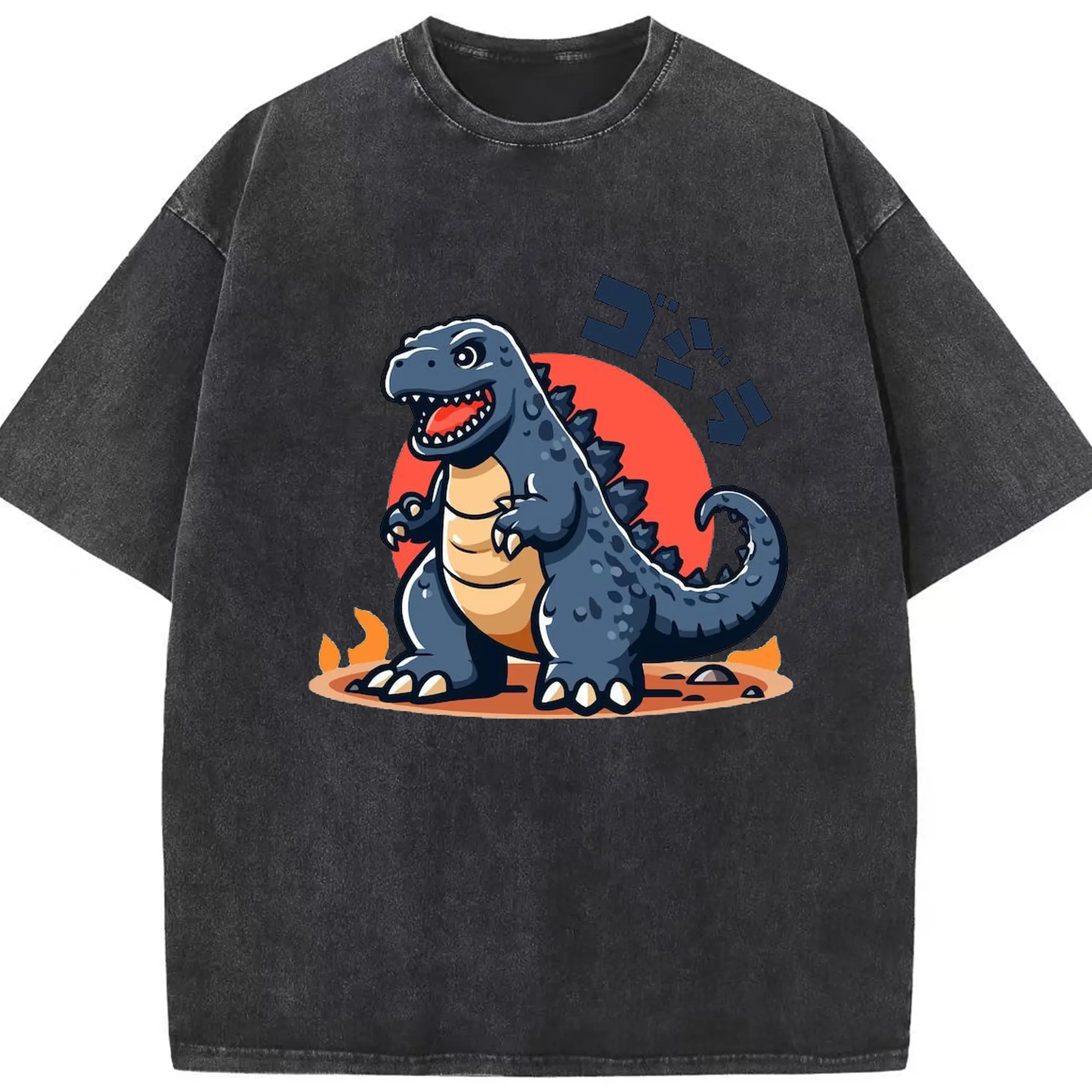 ゴジラ - 綿100％ ヴィンテージ風 半袖Tシャツ ・ フロントプリント ・ 柔らか肌触り ・ 通気性 快適 ・ スポーツ カジュアル 外出用