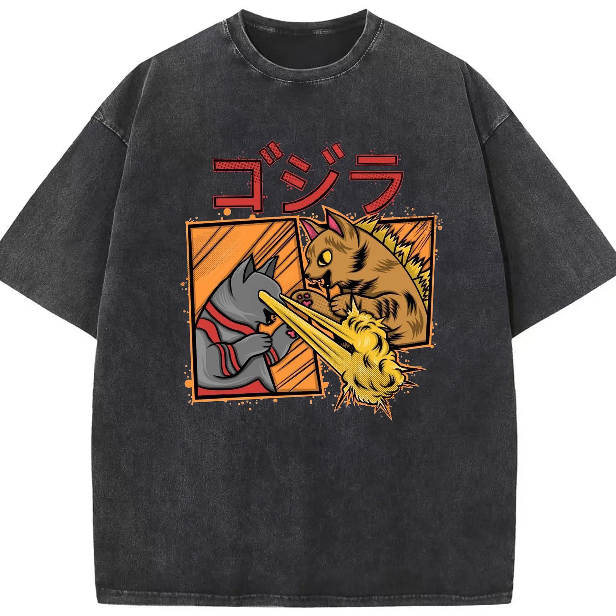 ゴジラ キャットジラ CATZILLA 怪獣ねこ - 綿100％ ヴィンテージ風 半袖Tシャツ ・ フロントプリント ・ 柔らか肌触り ・ 通気性 快適 ・ スポーツ カジュアル 外出用