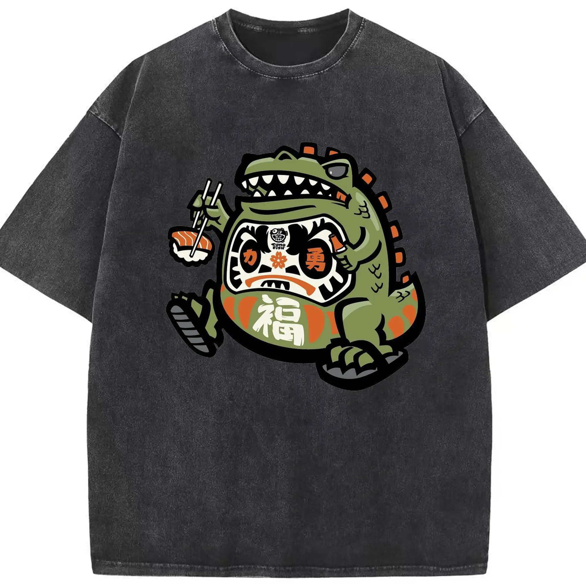 ゴジラの食事タイム - 綿100％ ヴィンテージ風 半袖Tシャツ ・ フロントプリント ・ 柔らか肌触り ・ 通気性 快適 ・ スポーツ カジュアル 外出用