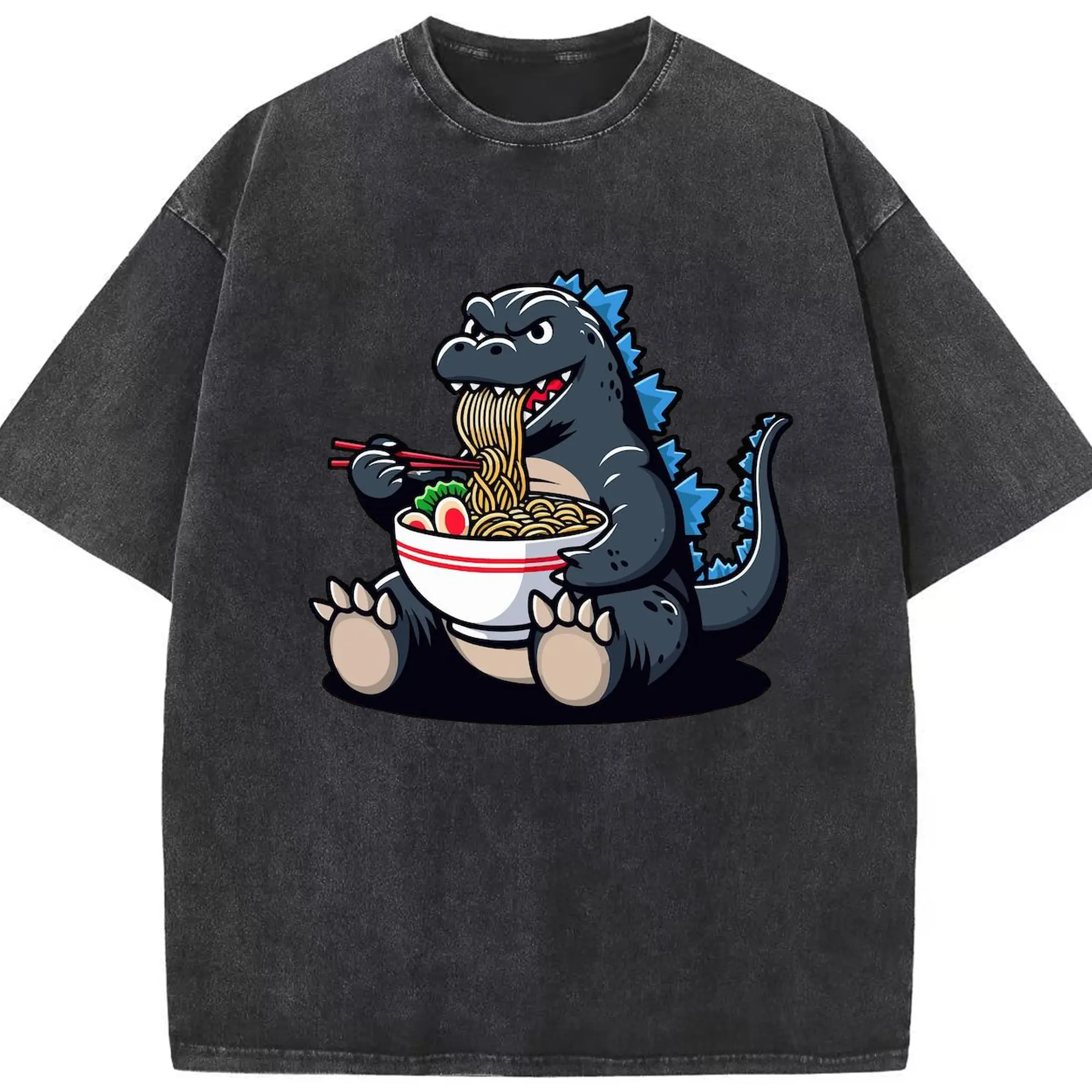 ゴジラの食事タイム - 綿100％ ヴィンテージ風 半袖Tシャツ ・ フロントプリント ・ 柔らか肌触り ・ 通気性 快適 ・ スポーツ カジュアル 外出用