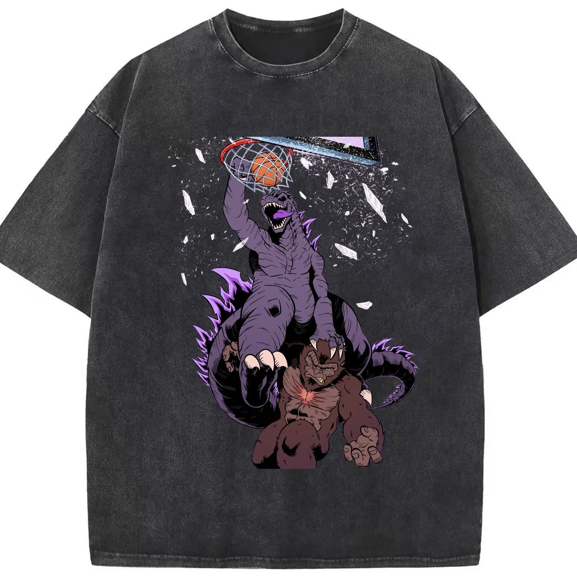 ゴジラ × コング モンスター - 綿100％ ヴィンテージ風 半袖Tシャツ ・ フロントプリント ・ 柔らか肌触り ・ 通気性 快適 ・ スポーツ カジュアル 外出用