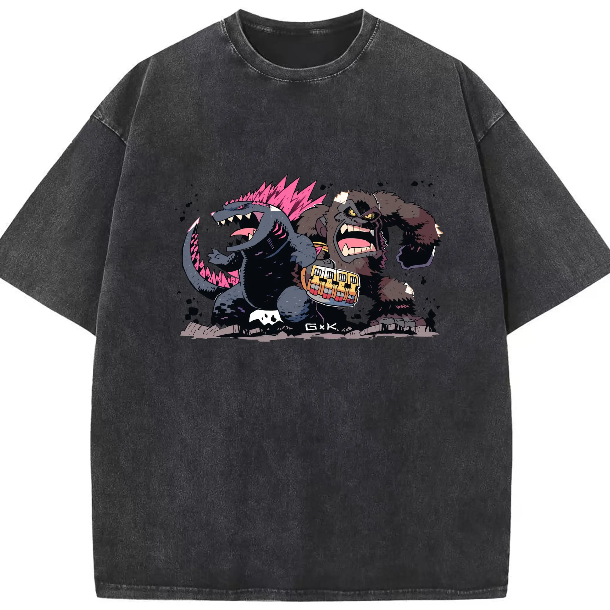 ゴジラ × コング 都市破壊 - 綿100％ ヴィンテージ風 半袖Tシャツ ・ フロントプリント ・ 柔らか肌触り ・ 通気性 快適 ・ スポーツ カジュアル 外出用