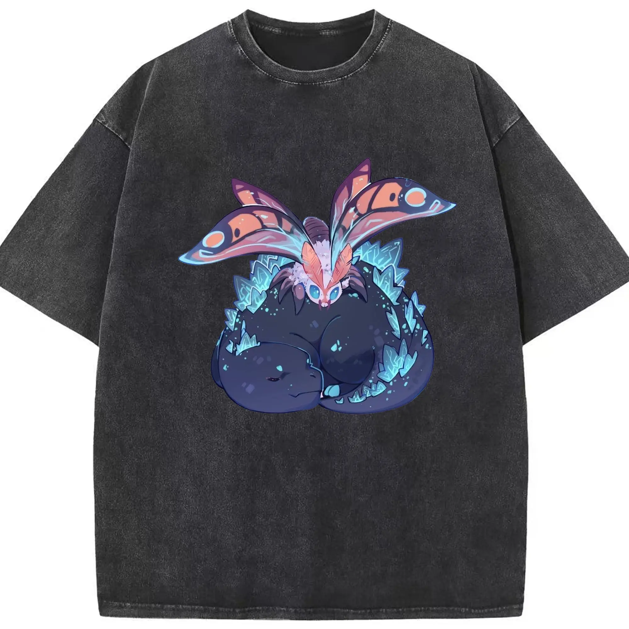 ゴジラとモスラ 守護精霊 - 綿100％ ヴィンテージ風 半袖Tシャツ ・ フロントプリント ・ 柔らか肌触り ・ 通気性 快適 ・ スポーツ カジュアル 外出用