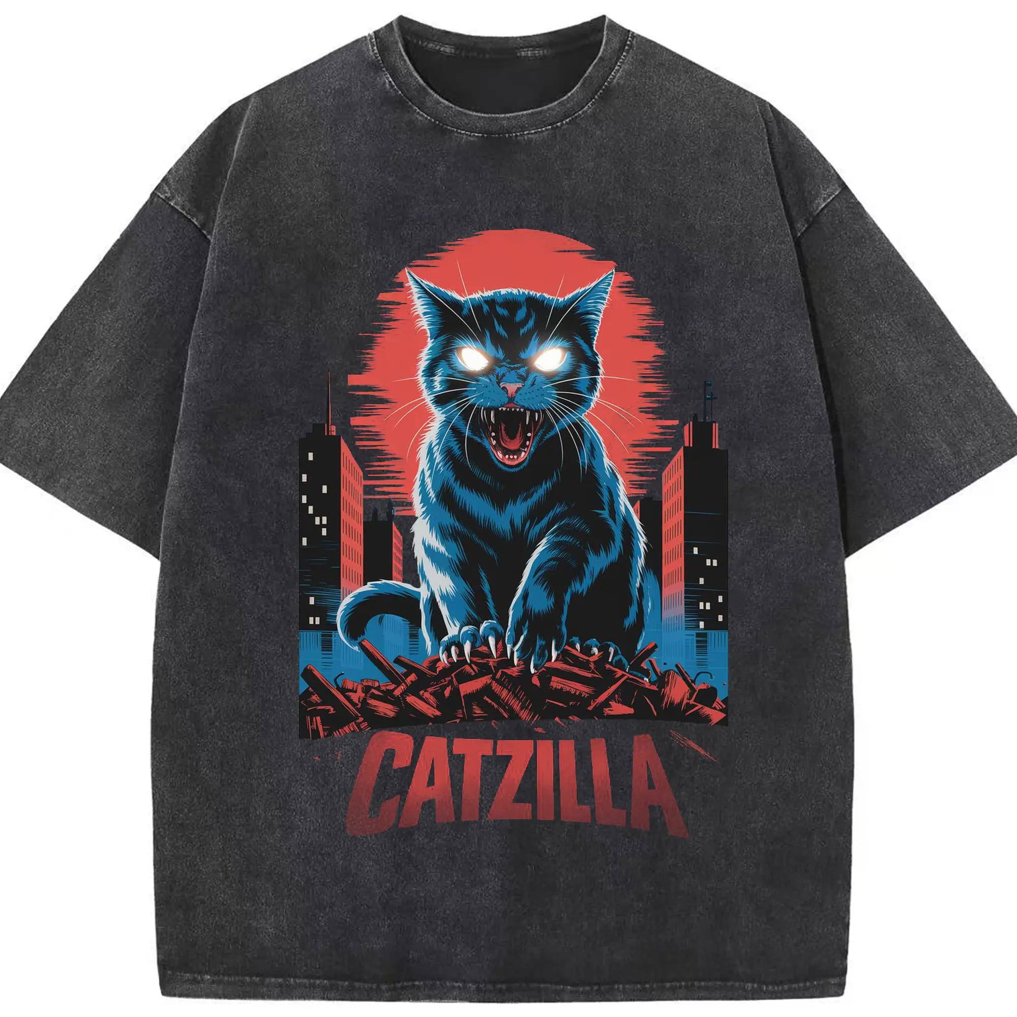 ゴジラ キャットジラ CATZILLA - 綿100％ ヴィンテージ風 半袖Tシャツ ・ フロントプリント ・ 柔らか肌触り ・ 通気性 快適 ・ スポーツ カジュアル 外出用