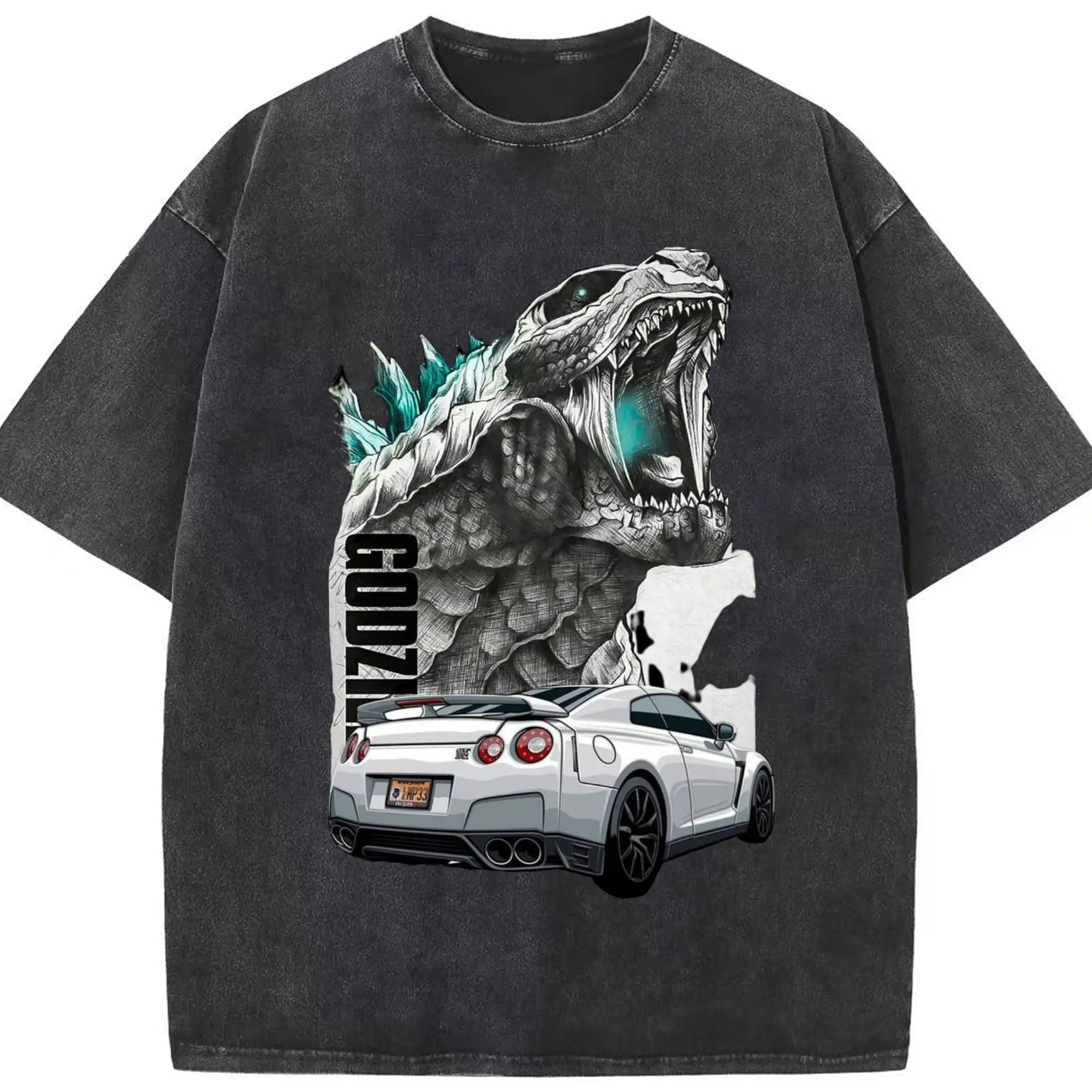 ゴジラ GTRコラボ 日産ゴジラ - 綿100％ ヴィンテージ風 半袖Tシャツ ・ フロントプリント ・ 柔らか肌触り ・ 通気性 快適 ・ スポーツ カジュアル 外出用