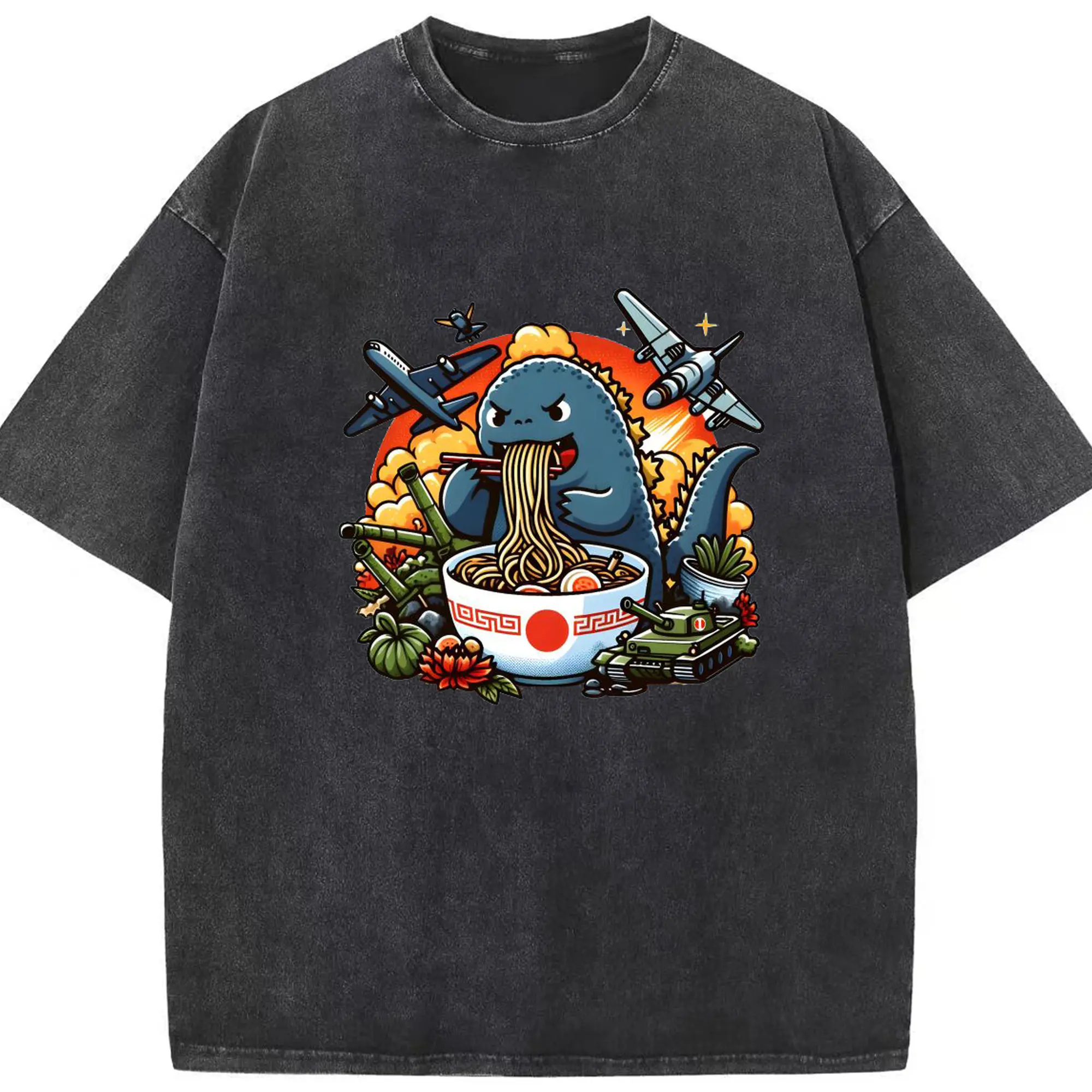 ゴジラの食事タイム - 綿100％ ヴィンテージ風 半袖Tシャツ ・ フロントプリント ・ 柔らか肌触り ・ 通気性 快適 ・ スポーツ カジュアル 外出用