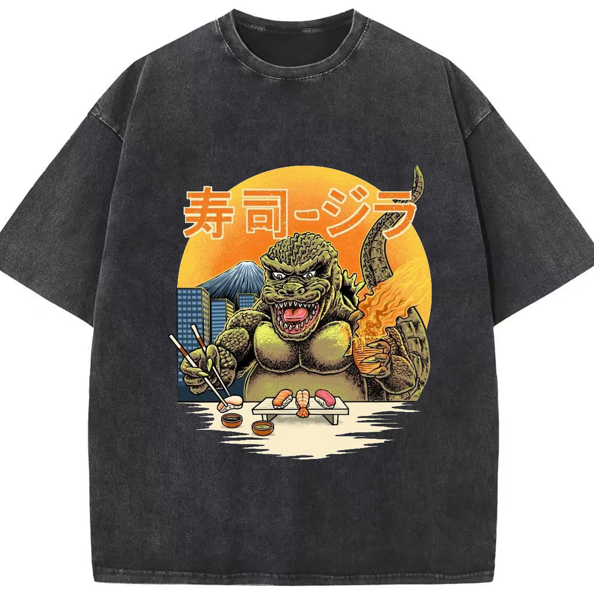 ゴジラの食事タイム - 綿100％ ヴィンテージ風 半袖Tシャツ ・ フロントプリント ・ 柔らか肌触り ・ 通気性 快適 ・ スポーツ カジュアル 外出用