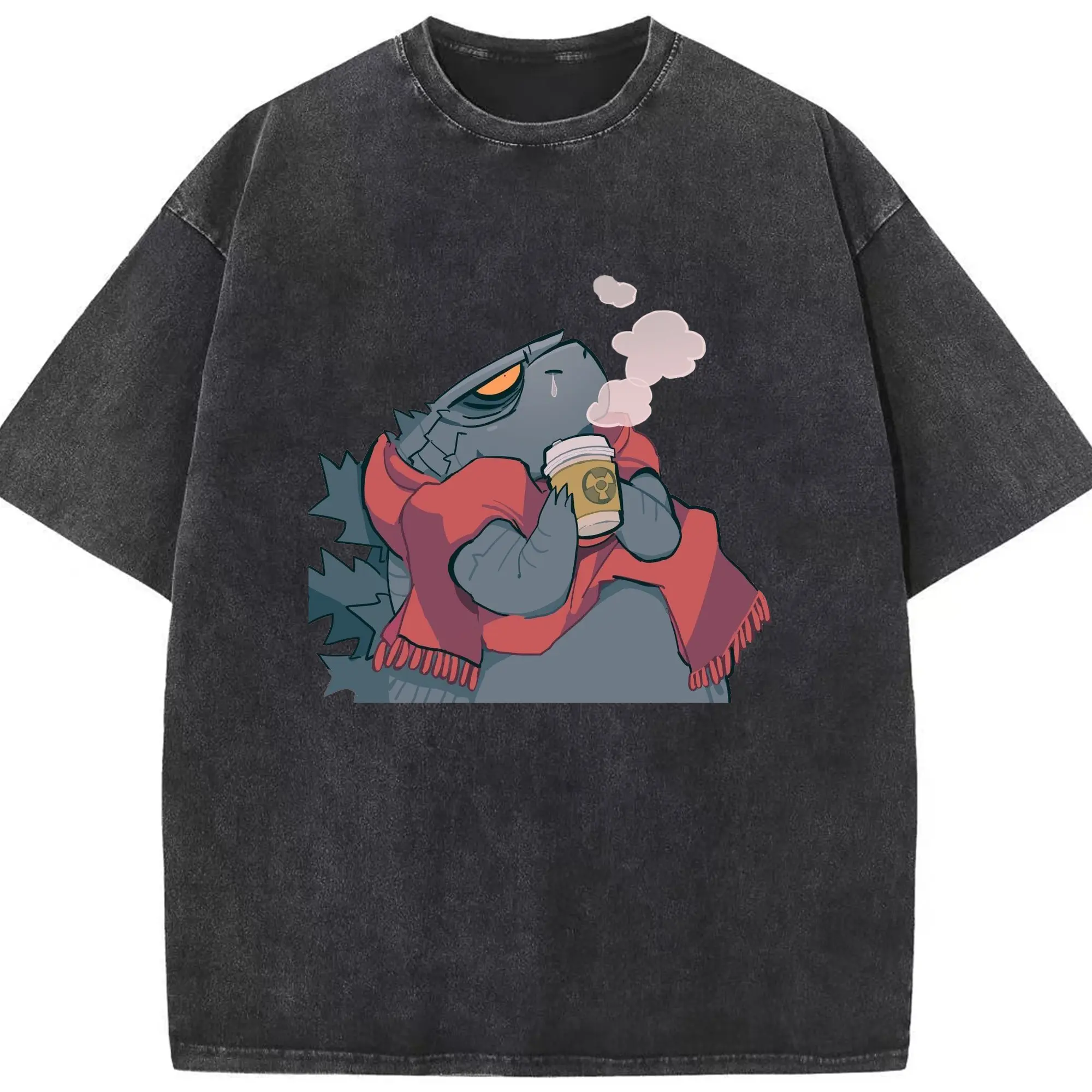 ゴジラの食事タイム - 綿100％ ヴィンテージ風 半袖Tシャツ ・ フロントプリント ・ 柔らか肌触り ・ 通気性 快適 ・ スポーツ カジュアル 外出用