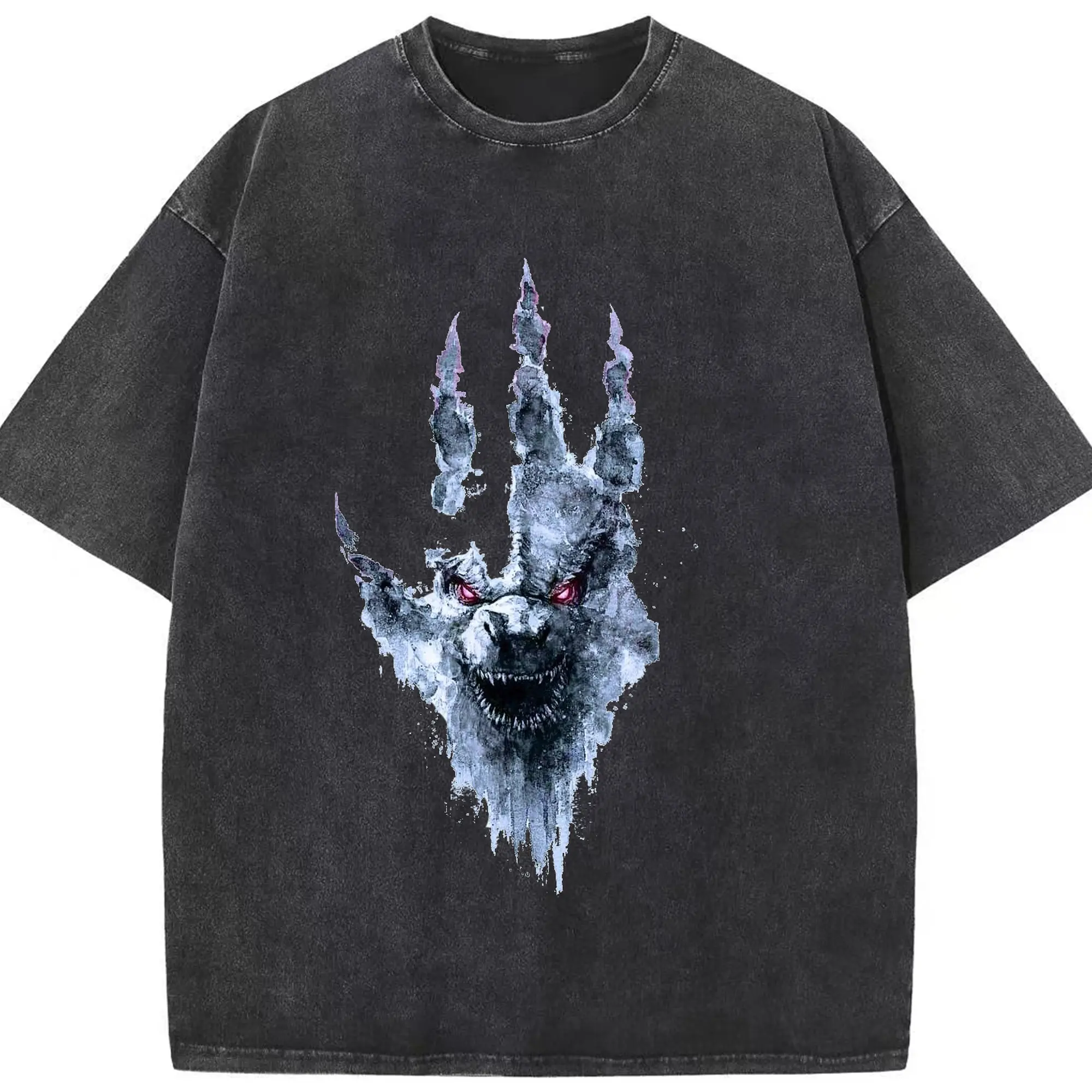 ゴジラ 手のひらアート - 綿100％ ヴィンテージ風 半袖Tシャツ ・ フロントプリント ・ 柔らか肌触り ・ 通気性 快適 ・ スポーツ カジュアル 外出用