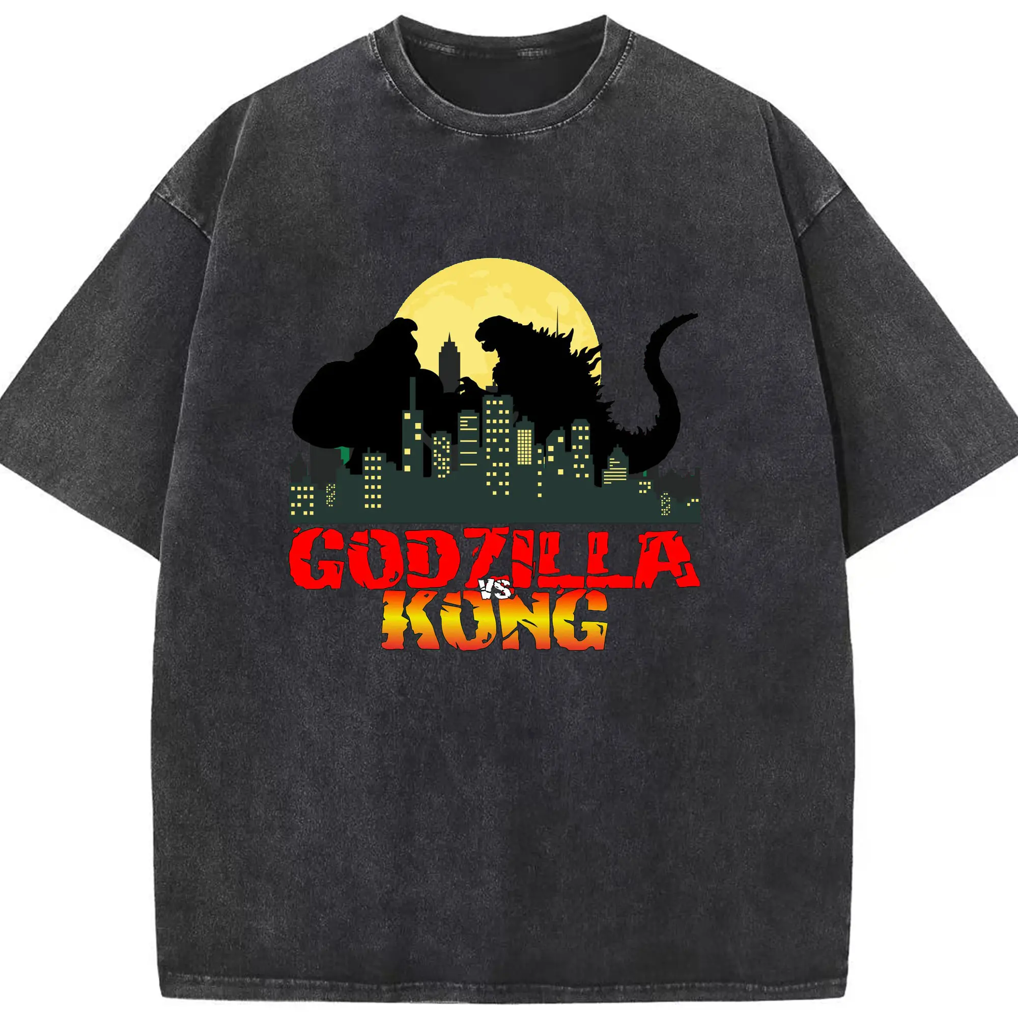 ゴジラ × コング  都市破壊 - 綿100％ ヴィンテージ風 半袖Tシャツ ・ フロントプリント ・ 柔らか肌触り ・ 通気性 快適 ・ スポーツ カジュアル 外出用