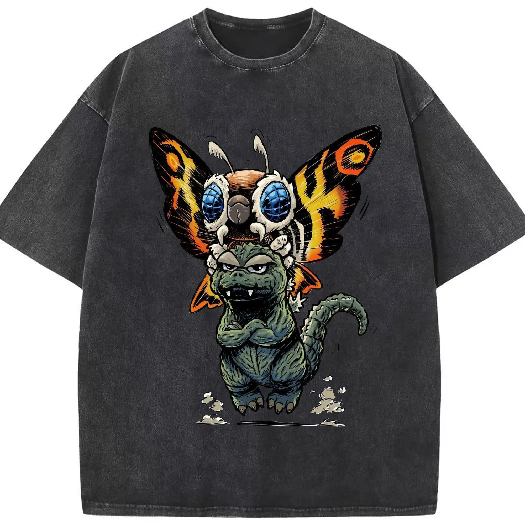 ゴジラとモスラ Mothra ゴジラ対モスラ60周年 - 綿100％ ヴィンテージ風 半袖Tシャツ ・ フロントプリント ・ 柔らか肌触り ・ 通気性 快適 ・ スポーツ カジュアル 外出用