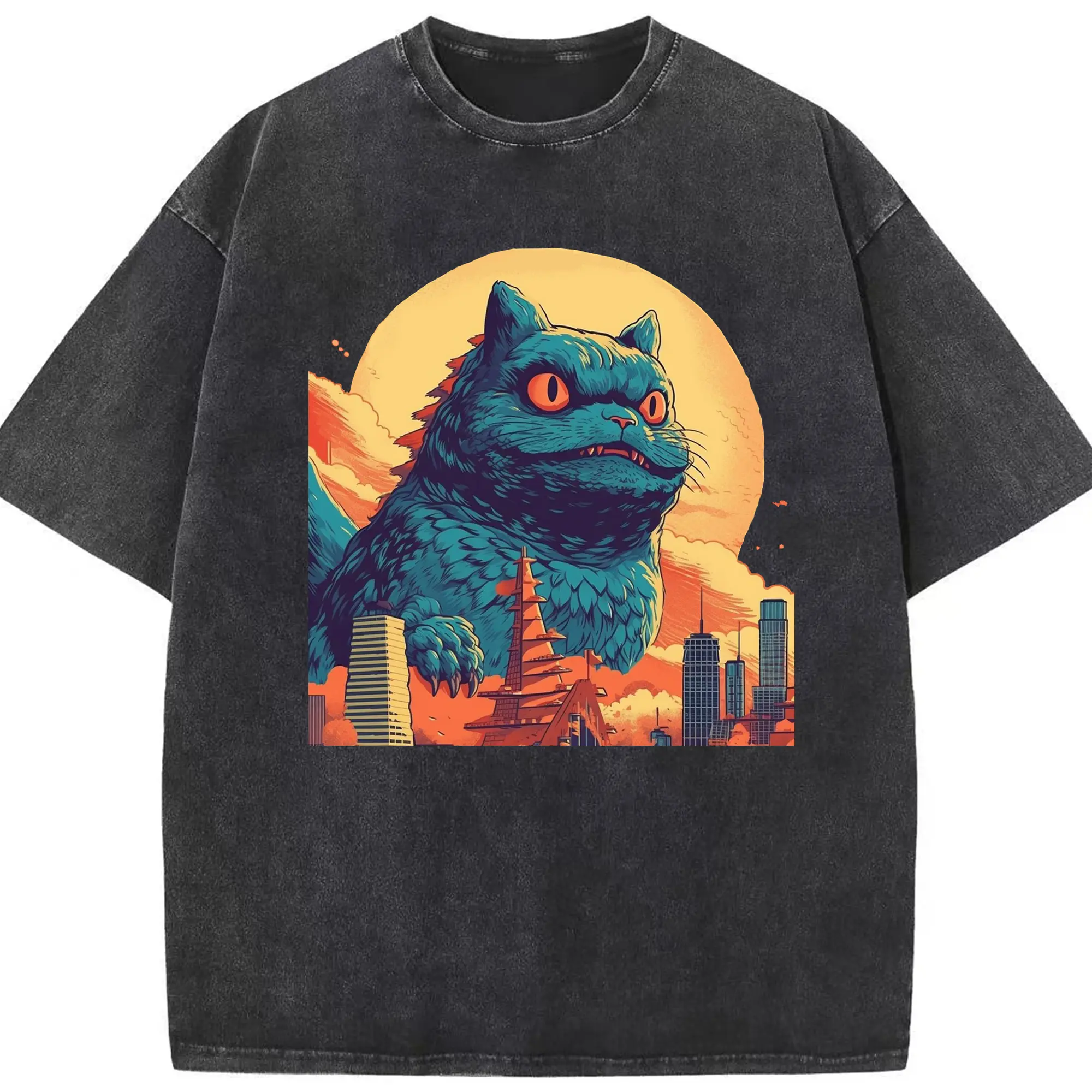 ゴジラ キャットジラ CATZILLA - 綿100％ ヴィンテージ風 半袖Tシャツ ・ フロントプリント ・ 柔らか肌触り ・ 通気性 快適 ・ スポーツ カジュアル 外出用