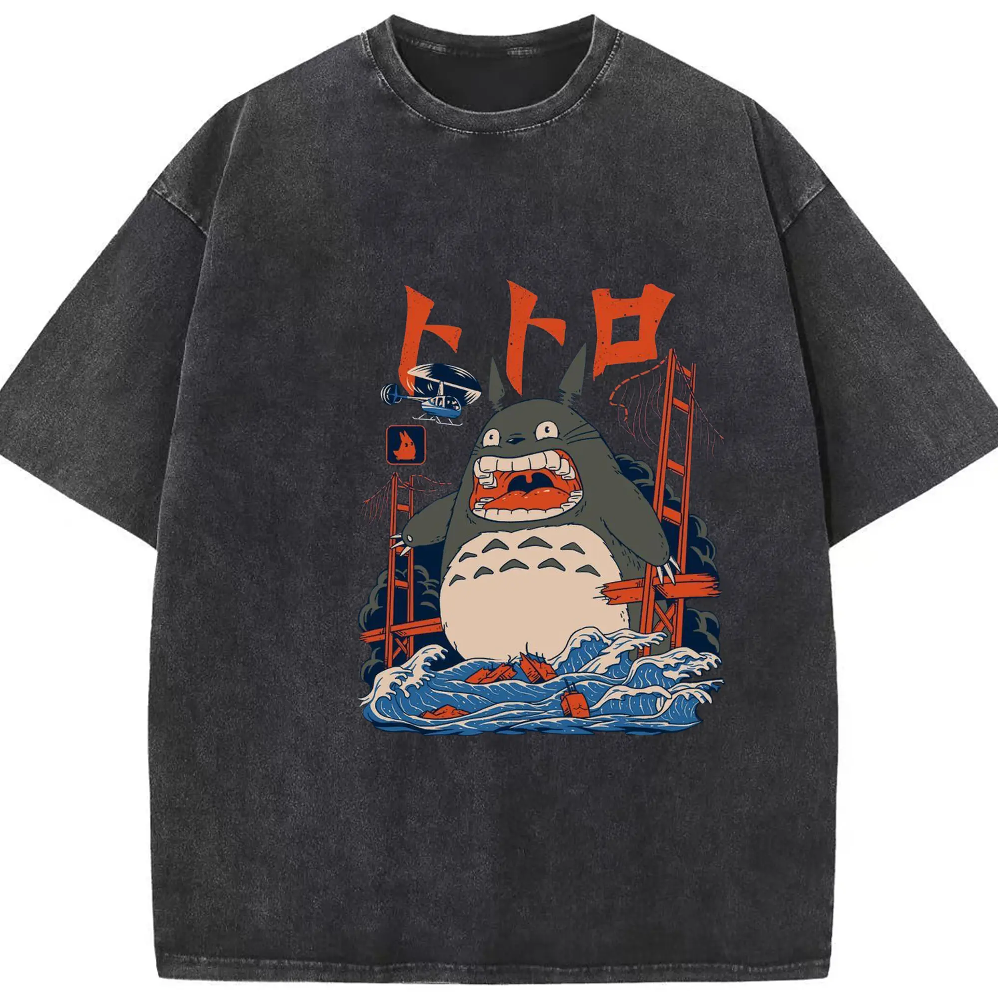 ゴジラトトロゴジラコラボ - 綿100％ ヴィンテージ風 半袖Tシャツ ・ フロントプリント ・ 柔らか肌触り ・ 通気性 快適 ・ スポーツ カジュアル 外出用
