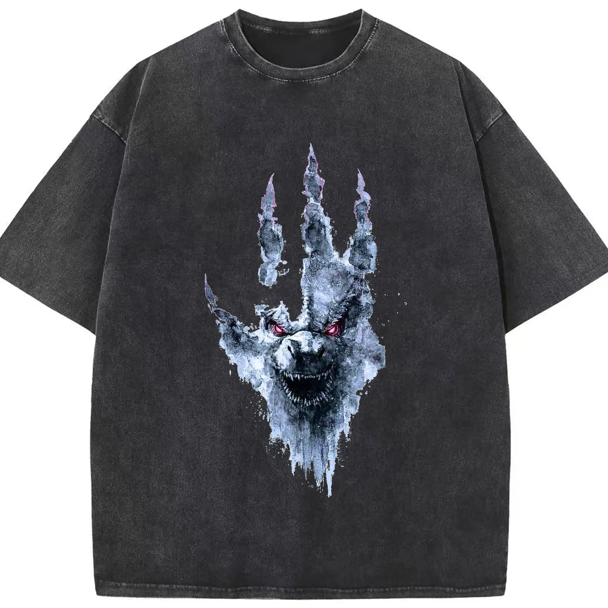 ゴジラ 手のひらアート - 綿100％ ヴィンテージ風 半袖Tシャツ ・ フロントプリント ・ 柔らか肌触り ・ 通気性 快適 ・ スポーツ カジュアル 外出用