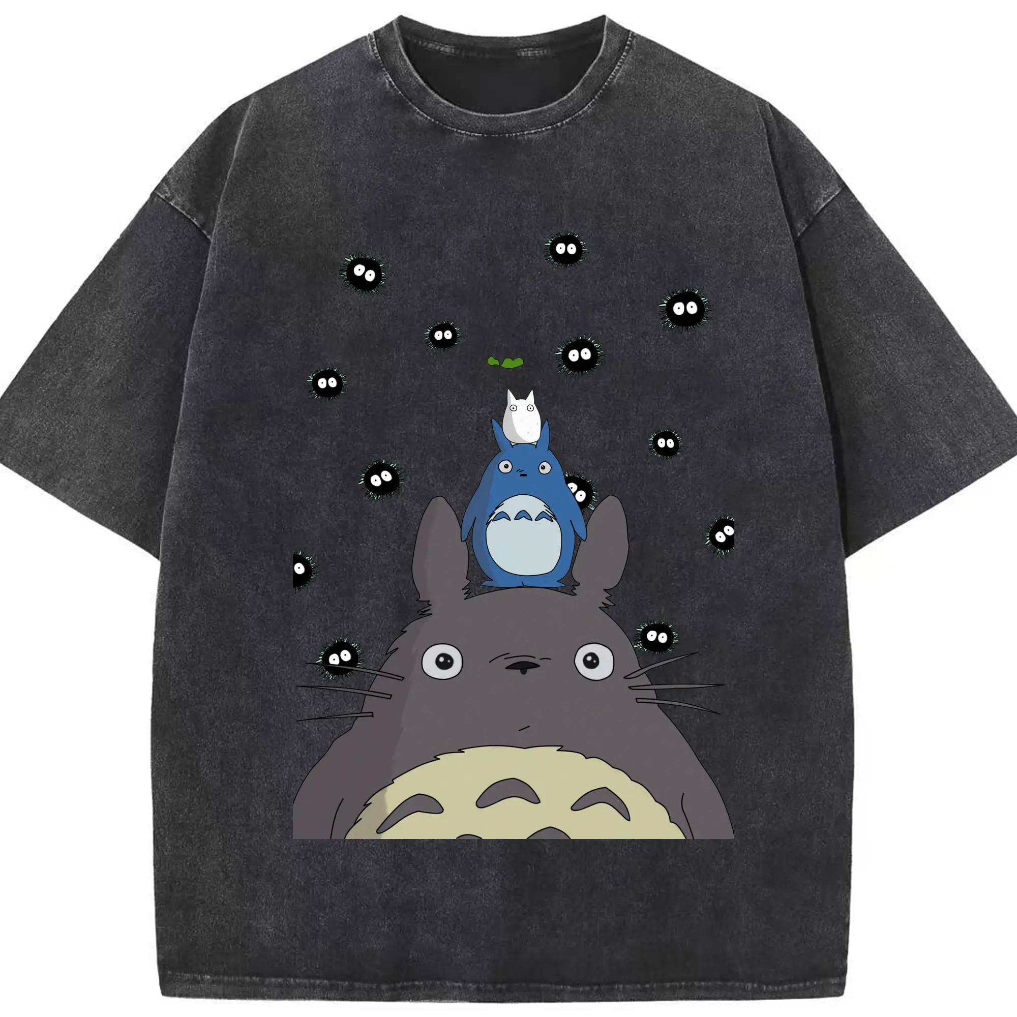 となりのトトロトトロ三兄弟 - 綿100％ ヴィンテージ風 半袖Tシャツ ・ フロントプリント ・ 柔らか肌触り ・ 通気性 快適 ・ スポーツ カジュアル 外出用