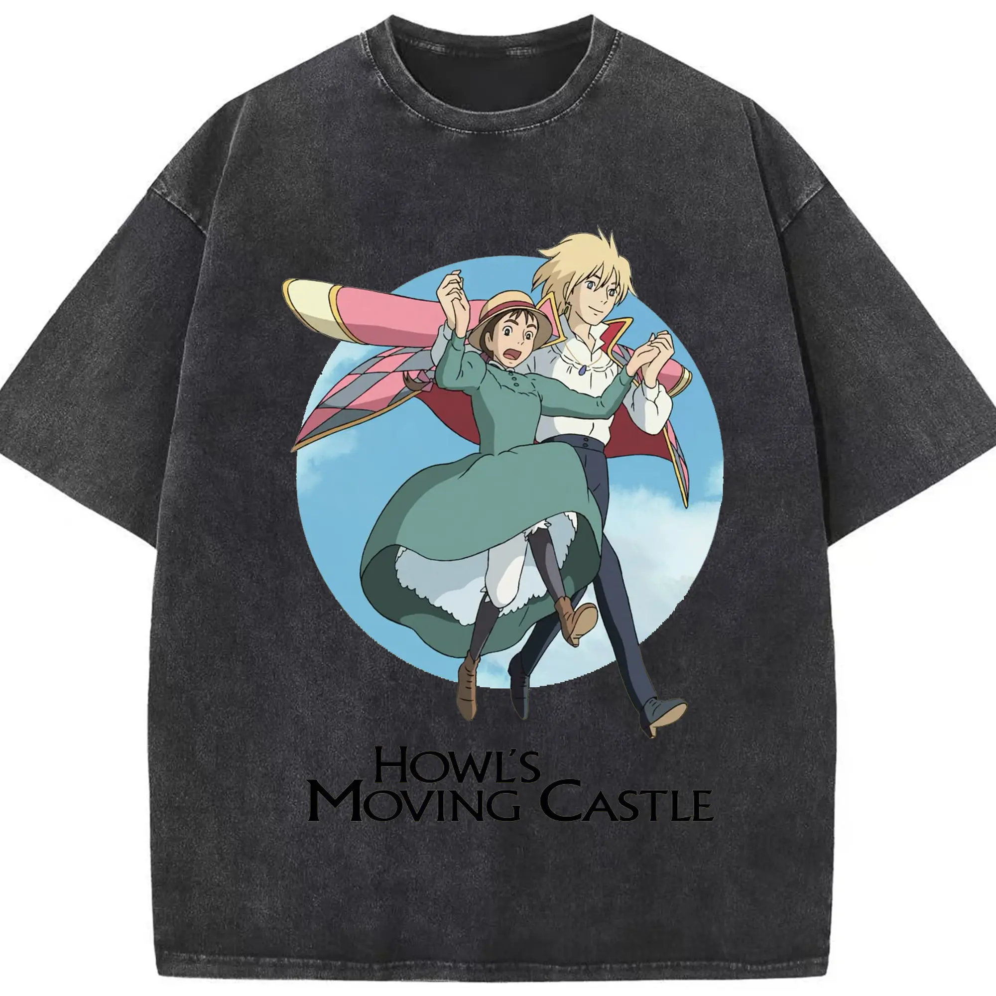ハウルの動く城 ハウルとソフィー - 綿100％ ヴィンテージ風 半袖Tシャツ ・ フロントプリント ・ 柔らか肌触り ・ 通気性 快適 ・ スポーツ カジュアル 外出用