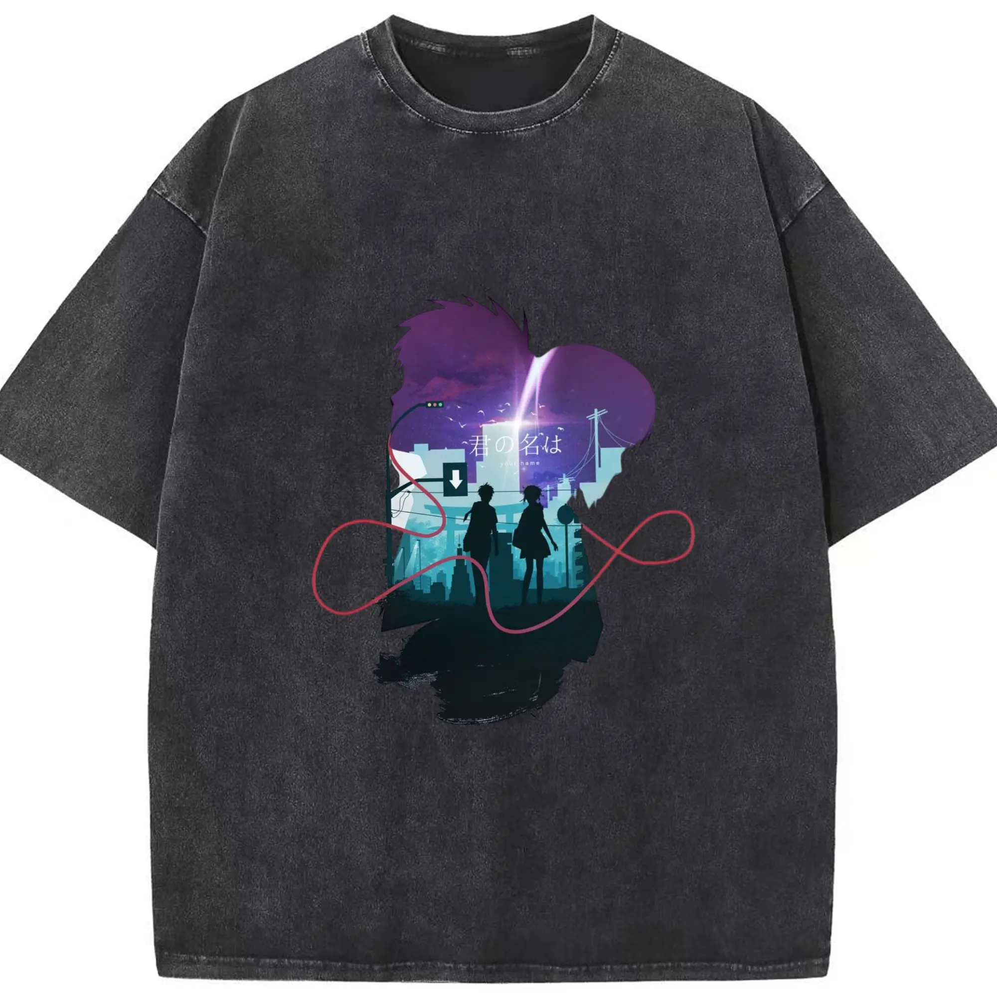 君の名は 立花瀧と宮水三葉 - 綿100％ ヴィンテージ風 半袖Tシャツ ・ フロントプリント ・ 柔らか肌触り ・ 通気性 快適 ・ スポーツ カジュアル 外出用