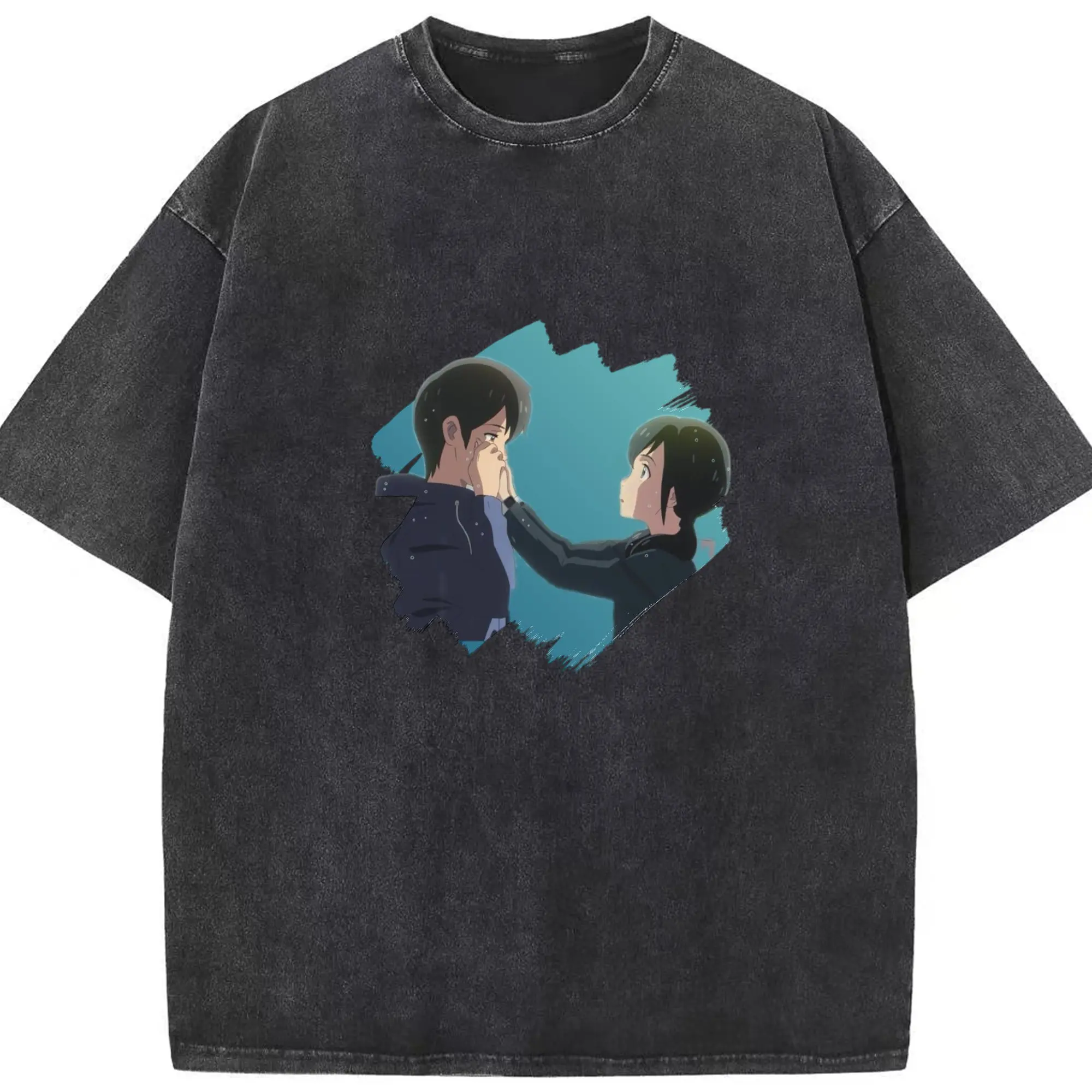 天気の子 東京に降る雨と少年の物語 森嶋帆高天野陽菜 - 綿100％ ヴィンテージ風 半袖Tシャツ ・ フロントプリント ・ 柔らか肌触り ・ 通気性 快適 ・ スポーツ カジュアル 外出用