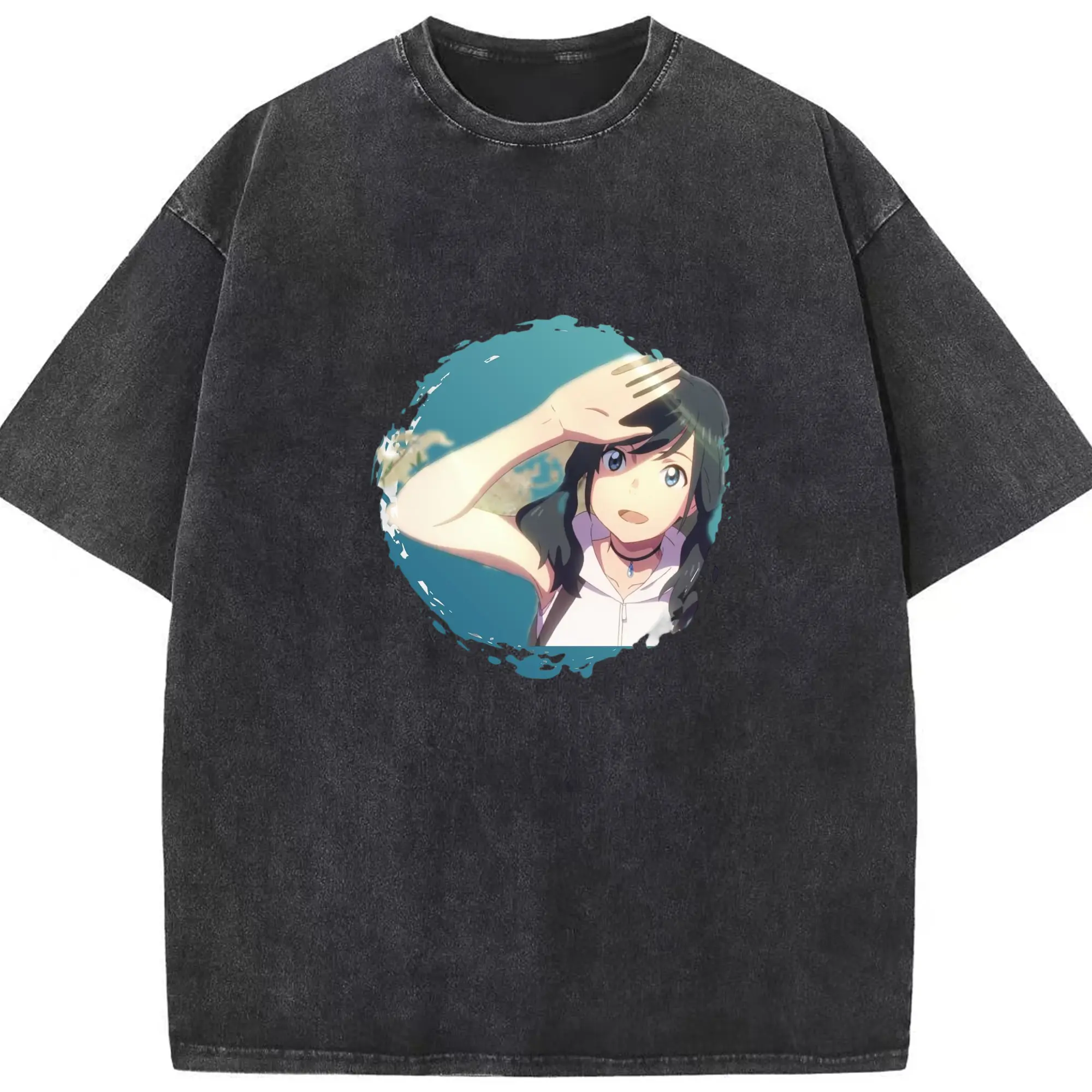 天気の子 天野陽菜 - 綿100％ ヴィンテージ風 半袖Tシャツ ・ フロントプリント ・ 柔らか肌触り ・ 通気性 快適 ・ スポーツ カジュアル 外出用