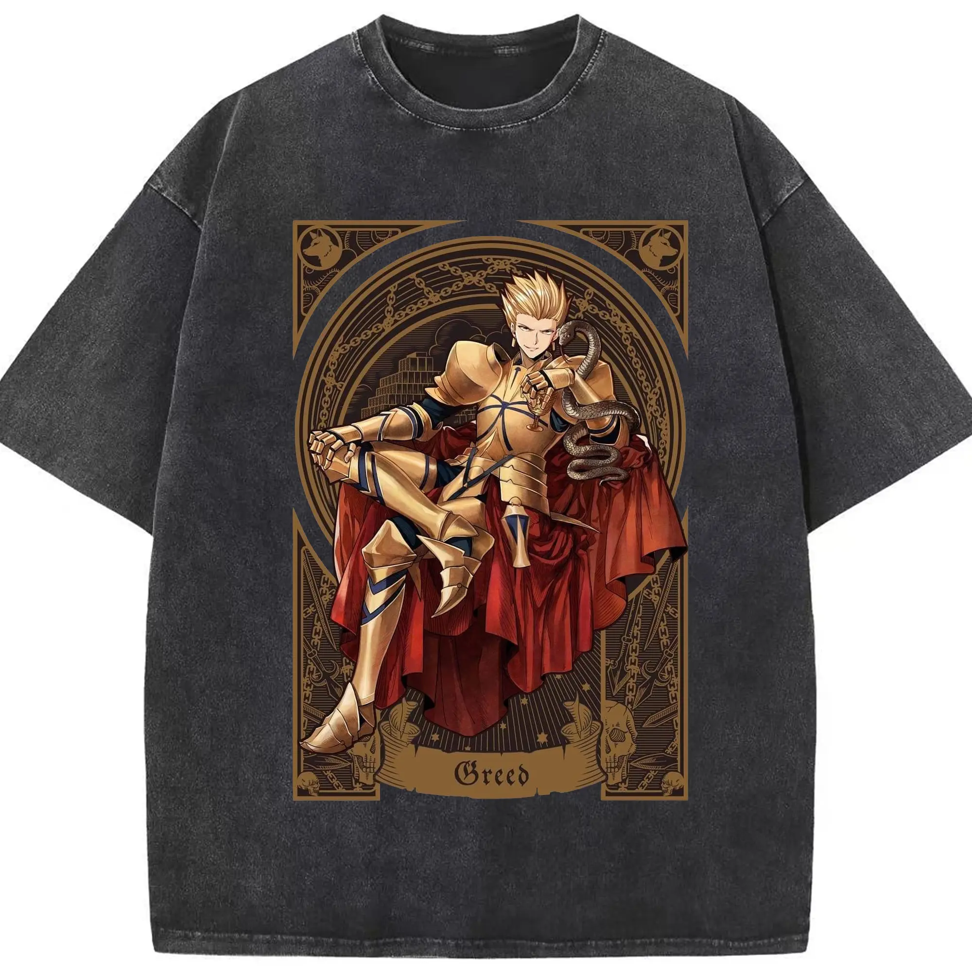 グランドオーダー デ FGO 英霊  FGOの人気キャラクタ ギルガメッシュ - 綿100％ ヴィンテージ風 半袖Tシャツ ・ フロントプリント ・ 柔らか肌触り ・ 通気性 快適 ・ スポーツ カジュアル 外出用