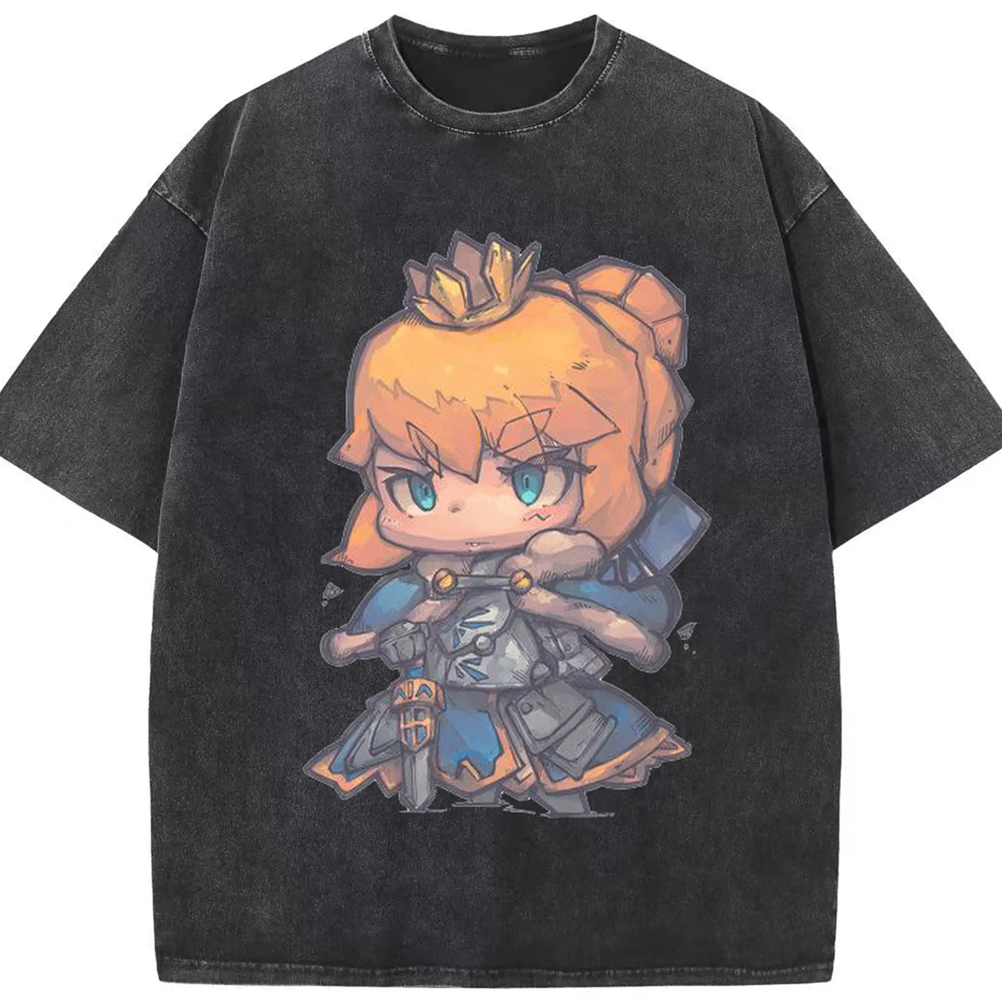 グランドオーダー FGO キャラクター デフォルメキャラ アルトリア・ペンドラゴン - 綿100％ ヴィンテージ風 半袖Tシャツ ・ フロントプリント ・ 柔らか肌触り ・ 通気性 快適 ・ スポーツ カジュアル 外出用