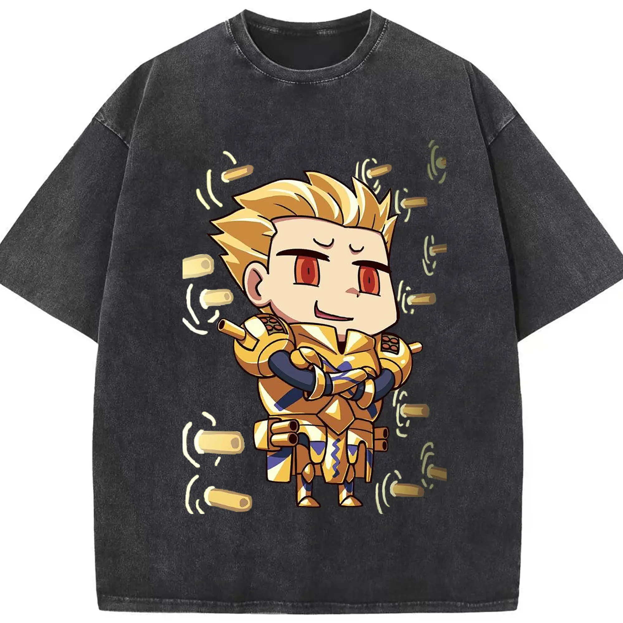 グランドオーダー デフォルメキャラ ギルガメッシュ - 綿100％ ヴィンテージ風 半袖Tシャツ ・ フロントプリント ・ 柔らか肌触り ・ 通気性 快適 ・ スポーツ カジュアル 外出用