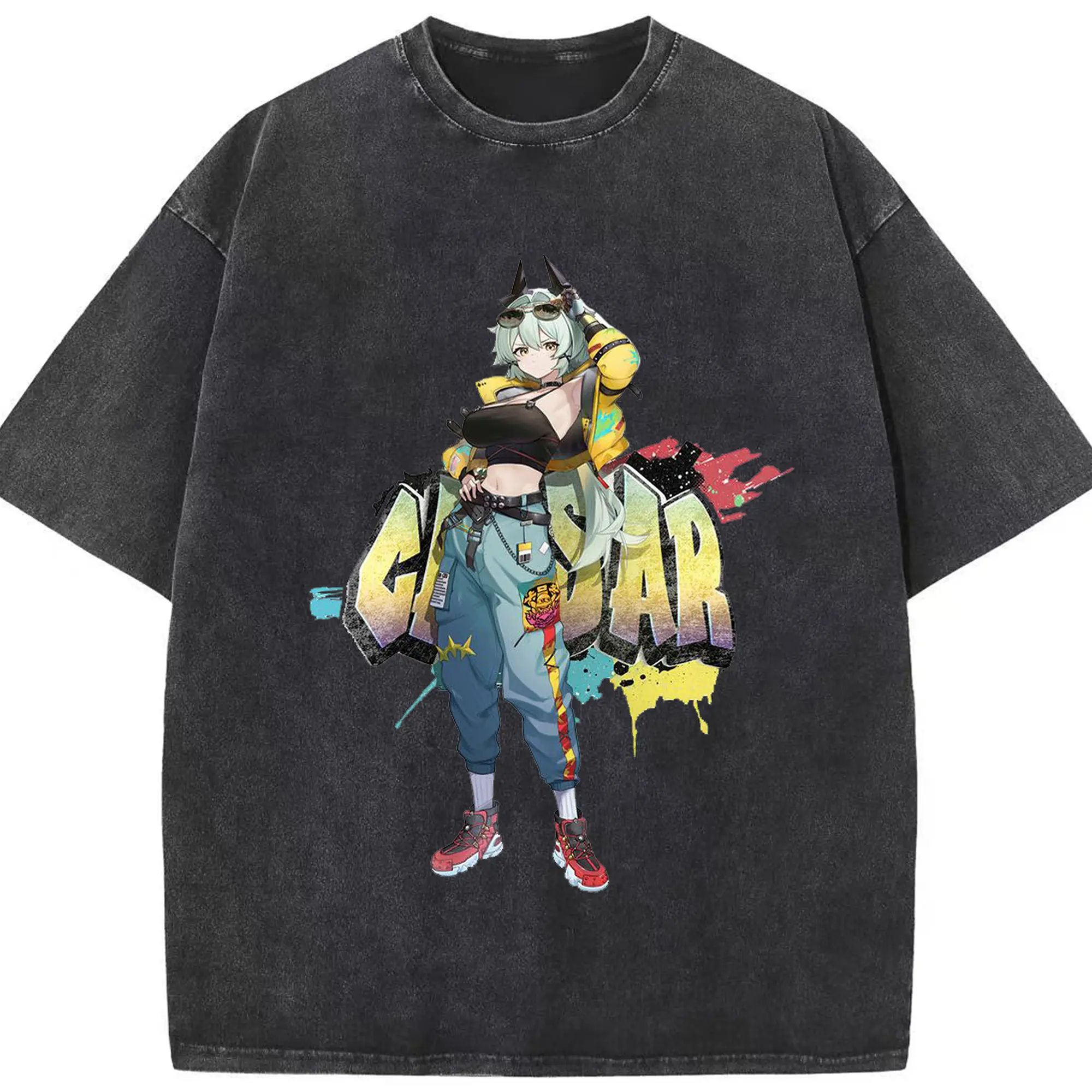 ゼンレスゾーンゼロ  シーザー・キング - 綿100％ ヴィンテージ風 半袖Tシャツ ・ フロントプリント ・ 柔らか肌触り ・ 通気性 快適 ・ スポーツ カジュアル 外出用