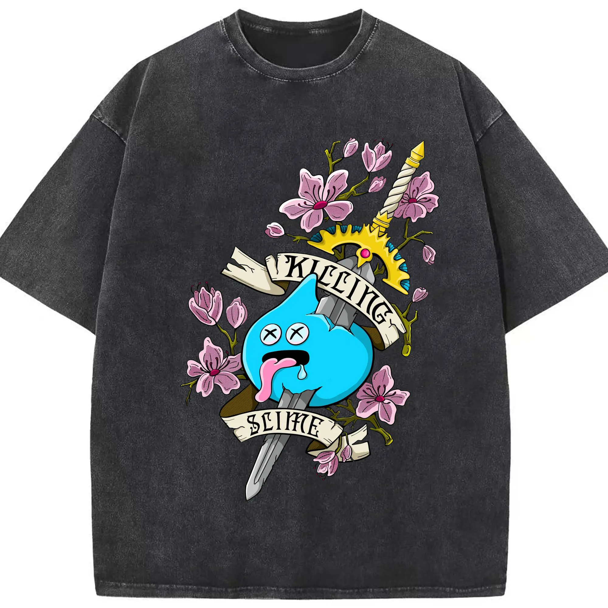 ドラゴンクエストスライム - 綿100％ ヴィンテージ風 半袖Tシャツ ・ フロントプリント ・ 柔らか肌触り ・ 通気性 快適 ・ スポーツ カジュアル 外出用