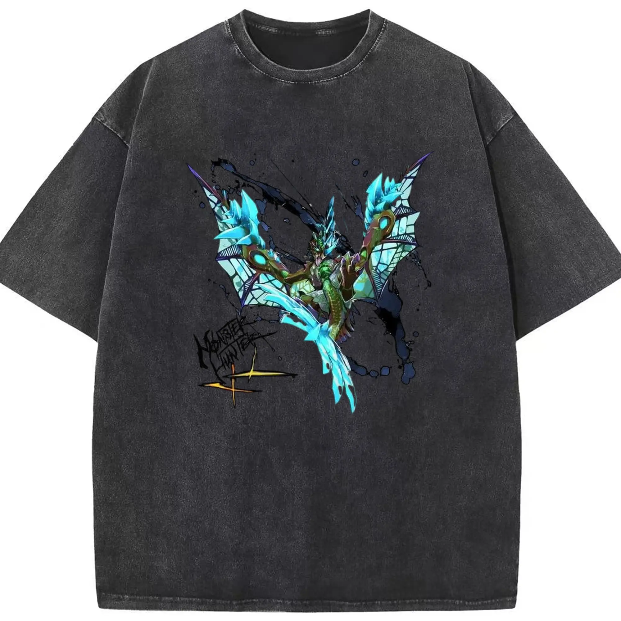 モンハン ラギアクルス飛竜種 - 綿100％ ヴィンテージ風 半袖Tシャツ ・ フロントプリント ・ 柔らか肌触り ・ 通気性 快適 ・ スポーツ カジュアル 外出用