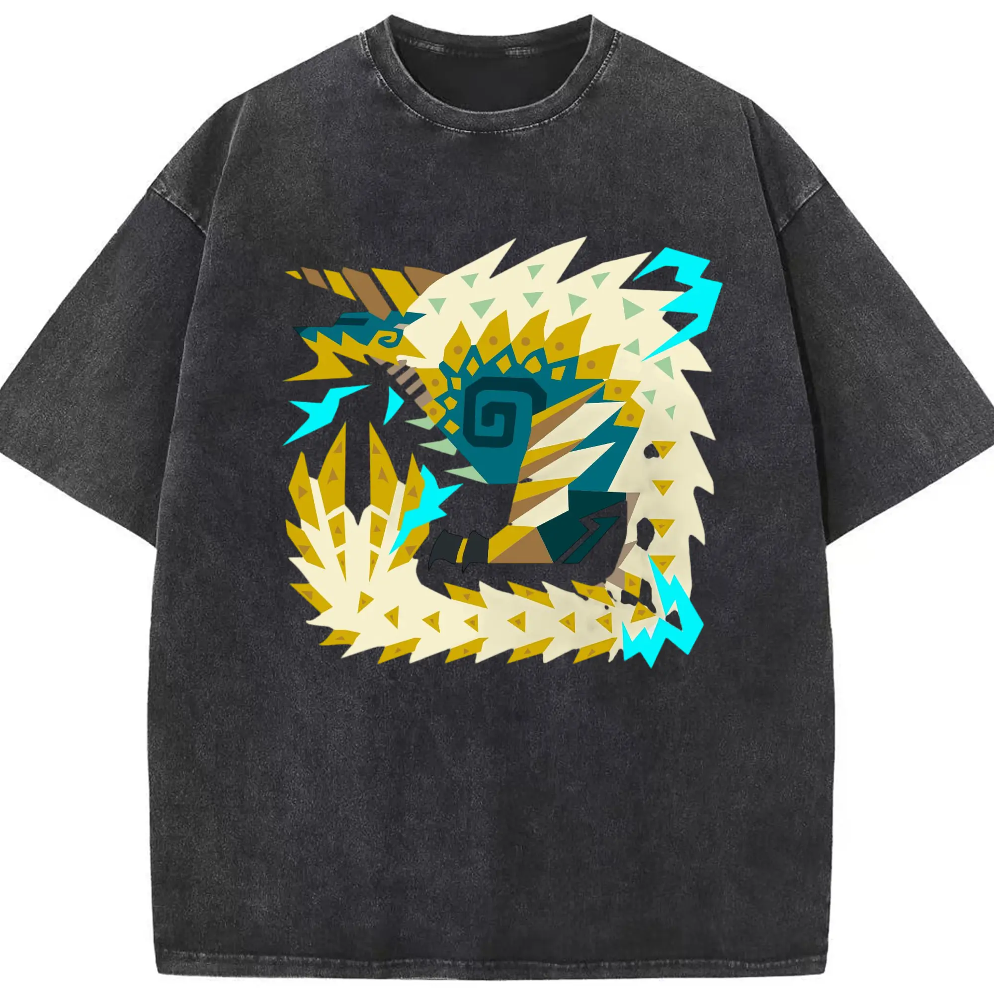 モンハン ジンオウガ - 綿100％ ヴィンテージ風 半袖Tシャツ ・ フロントプリント ・ 柔らか肌触り ・ 通気性 快適 ・ スポーツ カジュアル 外出用