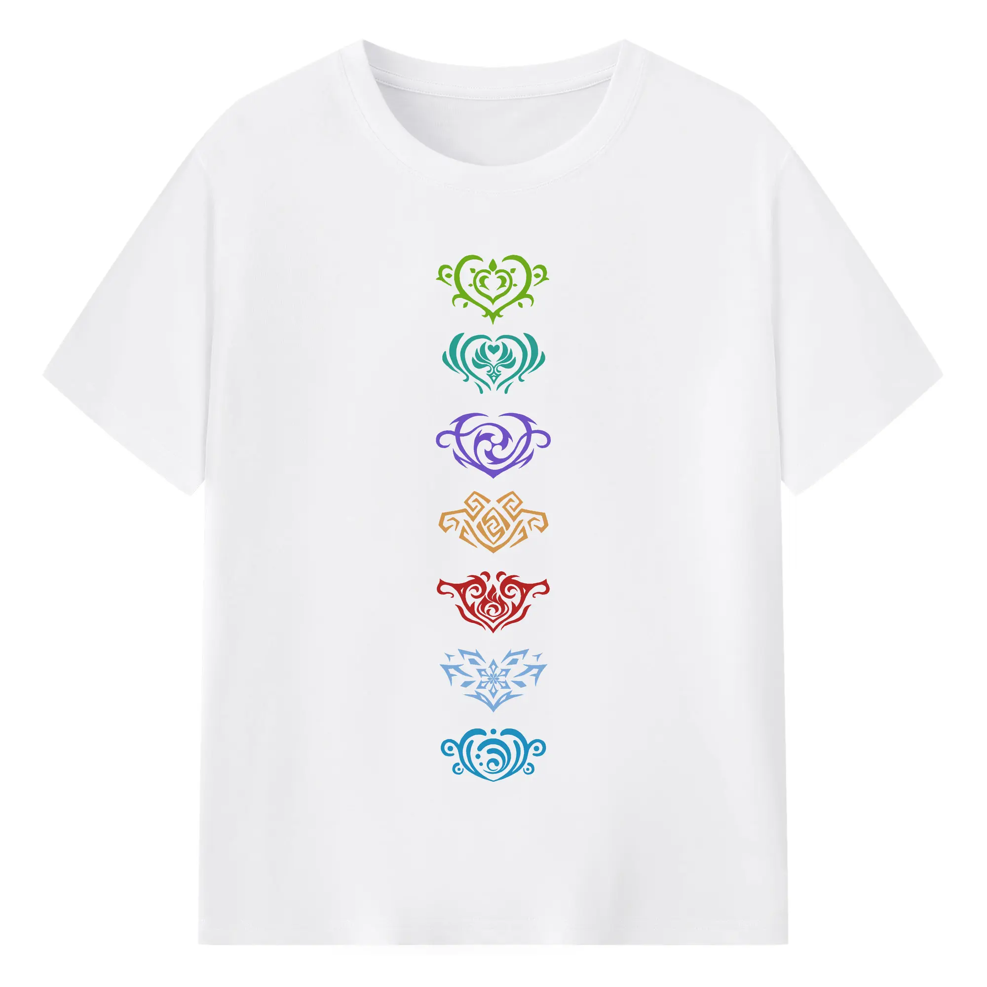 Genshin Genshin 原神の七元素ロゴ　 - 綿100％ 半袖Tシャツ ・ フロントプリント ・ 快適 通気性 ・ 日常使い 散歩 スポーツ用