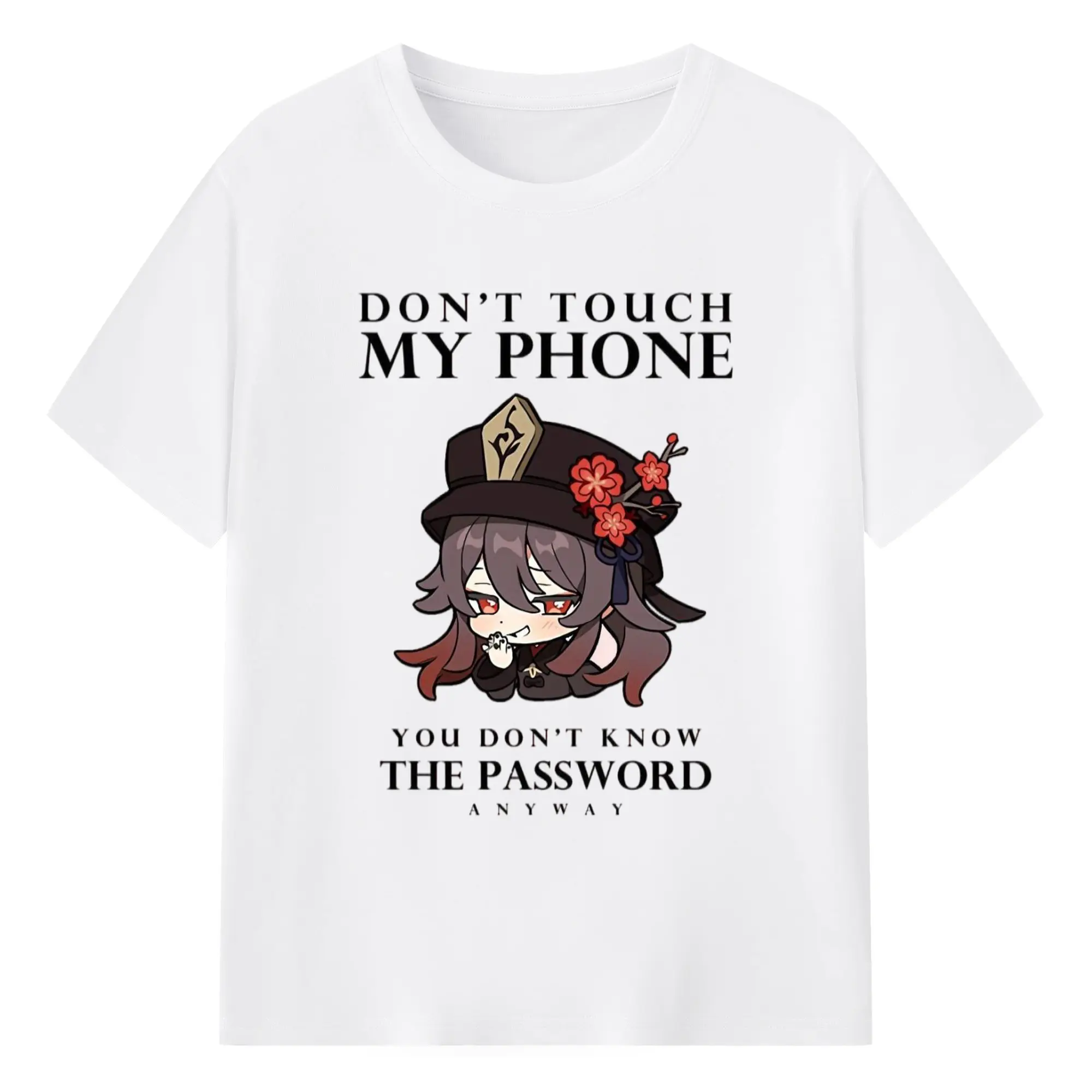Genshinフータオ dont touch My Phone - 綿100％ 半袖Tシャツ ・ フロントプリント ・ 快適 通気性 ・ 日常使い 散歩 スポーツ用