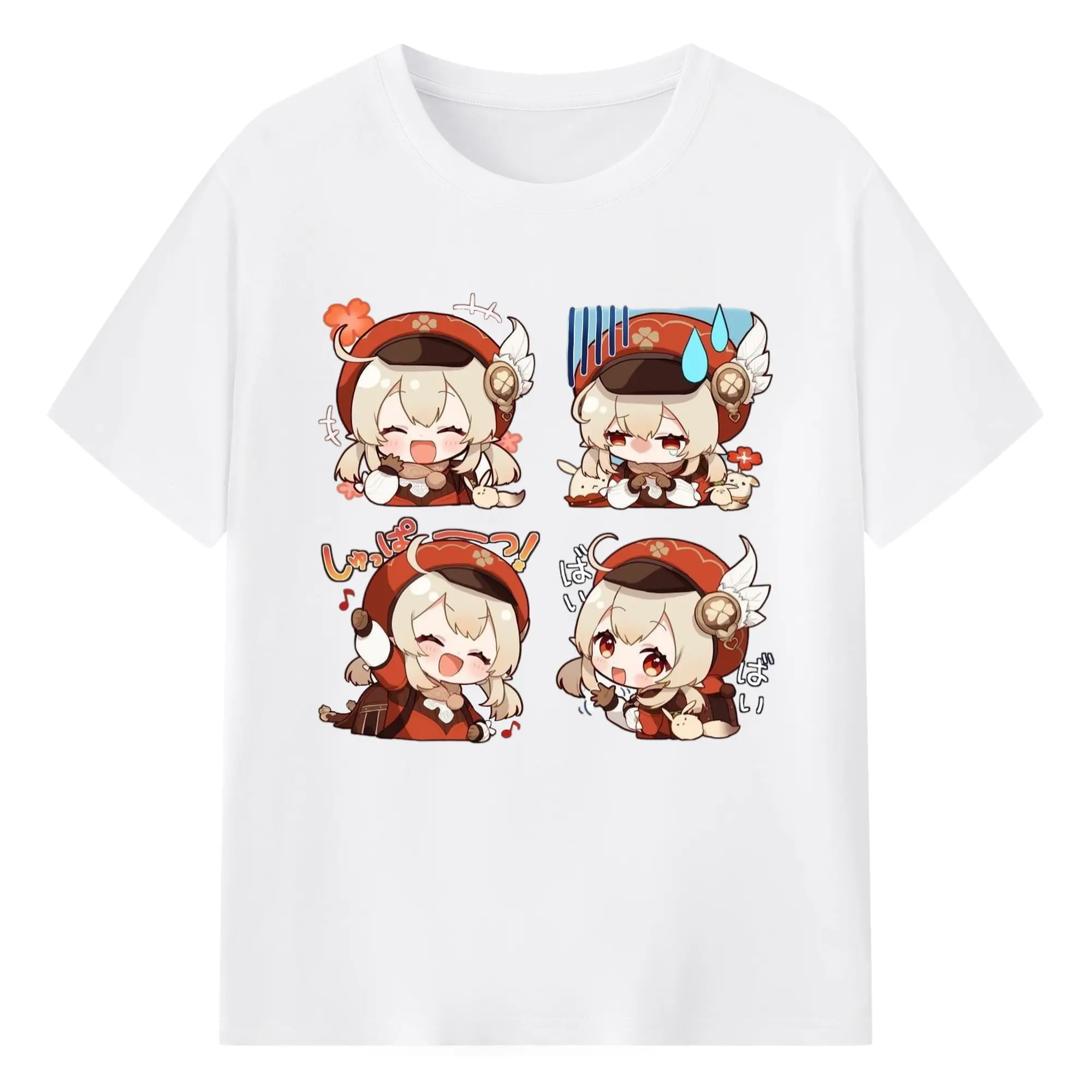 Genshin モンド クレーちゃん 4コマ写真 - 綿100％ 半袖Tシャツ ・ フロントプリント ・ 快適 通気性 ・ 日常使い 散歩 スポーツ用