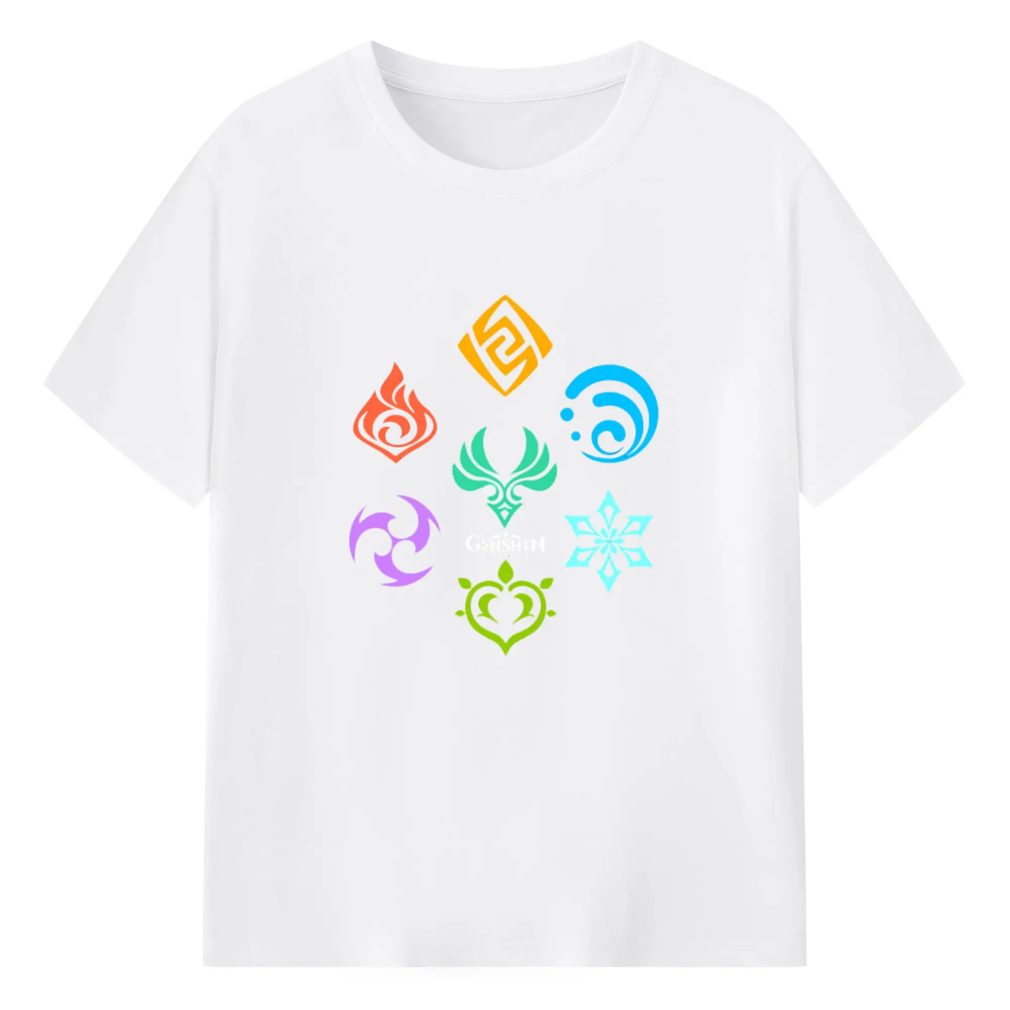 Genshin 原神の七元素ロゴ　 - 綿100％ 半袖Tシャツ ・ フロントプリント ・ 快適 通気性 ・ 日常使い 散歩 スポーツ用