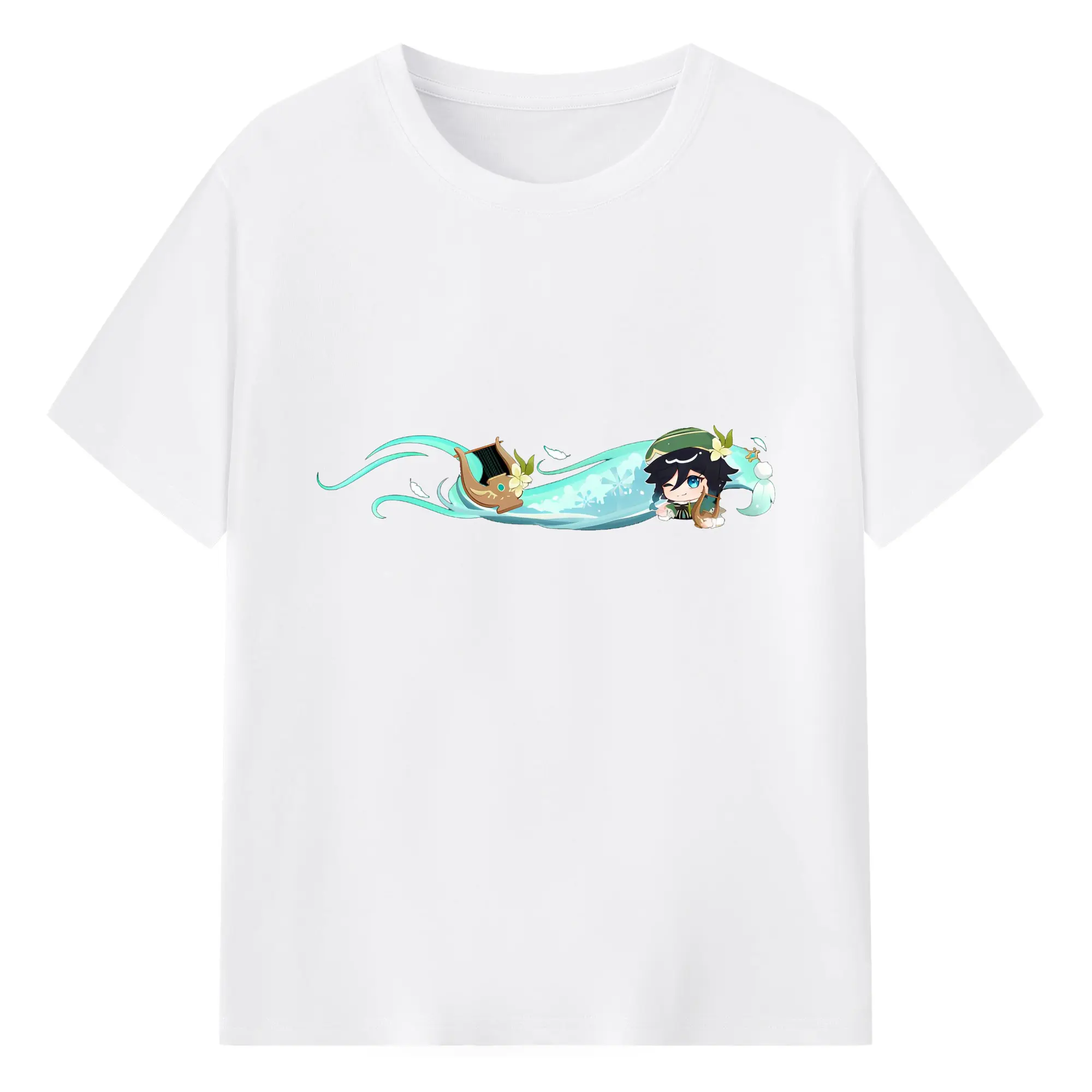 Genshin モンド 風神ふうじん バルバトス - 綿100％ 半袖Tシャツ ・ フロントプリント ・ 快適 通気性 ・ 日常使い 散歩 スポーツ用