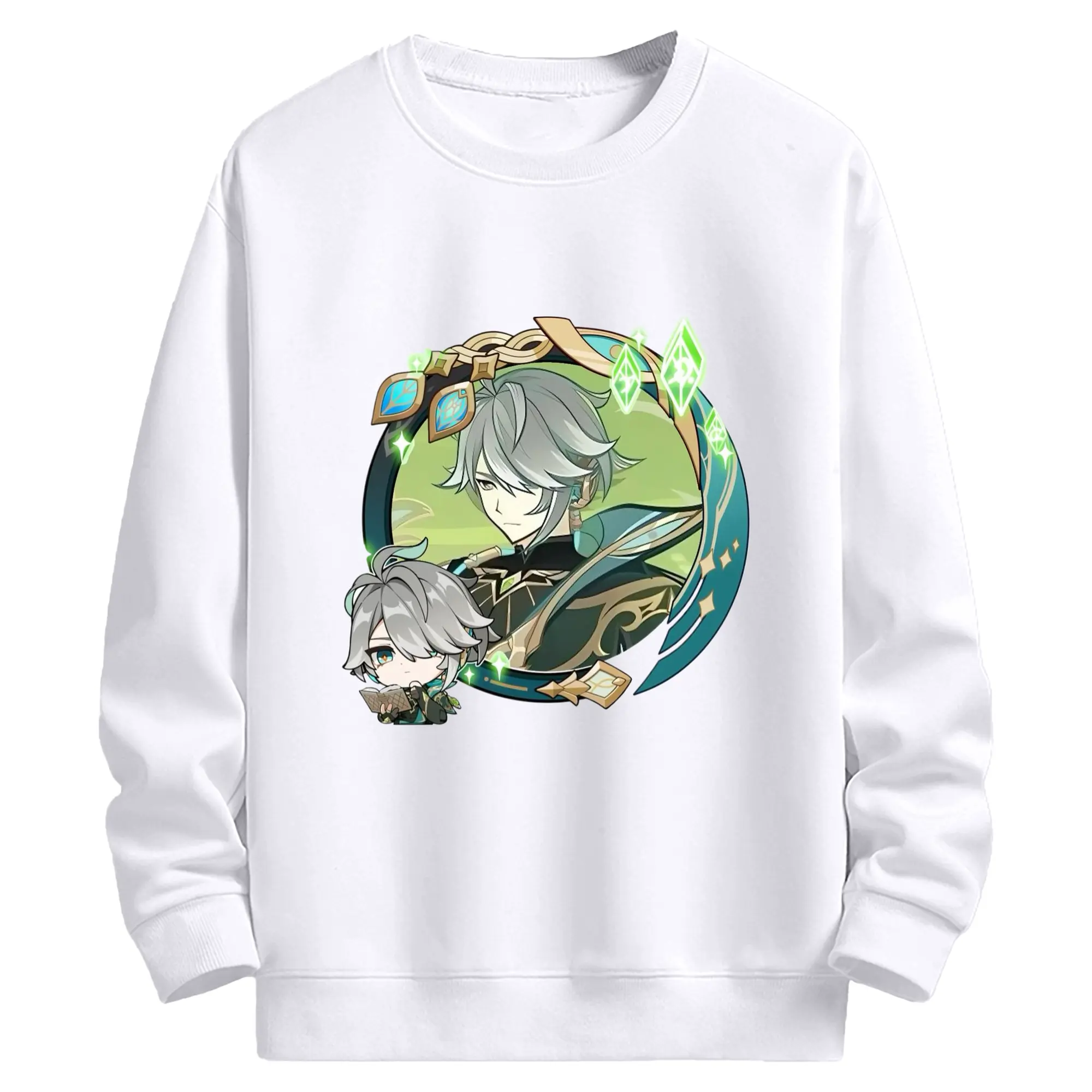 Genshin スメール アルハイゼン - 高品質 クルーネック スウェット ・ コットン59％ ポリエステル41％ ・ ユニセックス 長袖 トレーナー ・ カジュアル デイリー スポーツ 散歩用