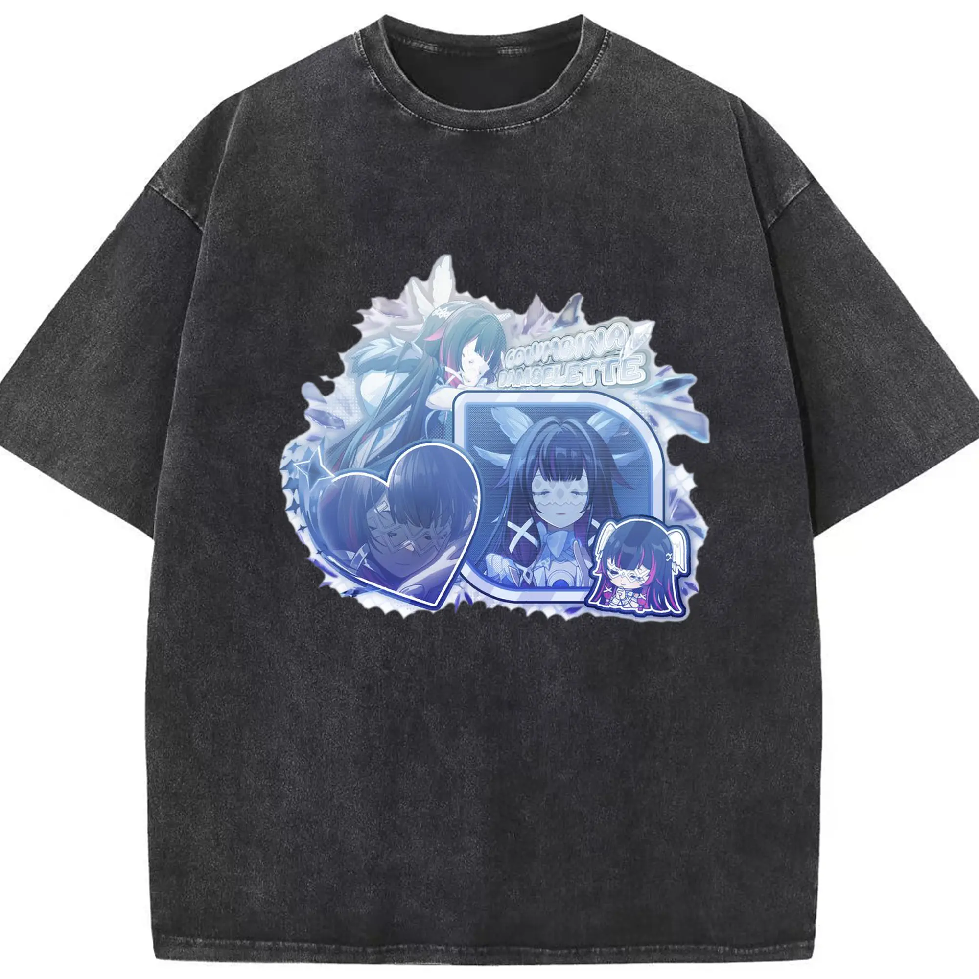 Genshin ナド・クライ月神 げっしん コロンビーナ - 綿100％ ヴィンテージ風 半袖Tシャツ ・ フロントプリント ・ 柔らか肌触り ・ 通気性 快適 ・ スポーツ カジュアル 外出用