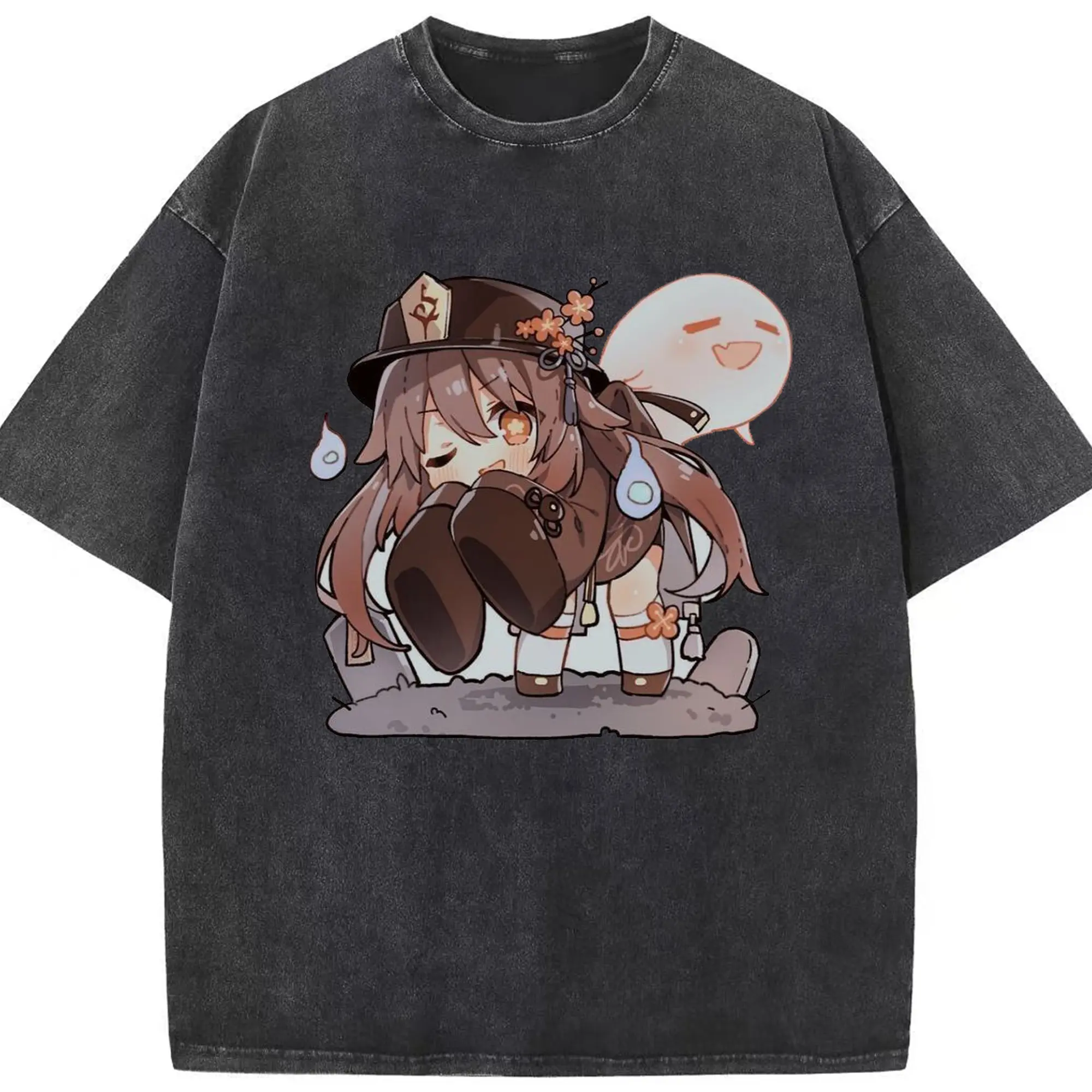 Genshin リーユエ リーユエ フータオ の幽霊 - 綿100％ ヴィンテージ風 半袖Tシャツ ・ フロントプリント ・ 柔らか肌触り ・ 通気性 快適 ・ スポーツ カジュアル 外出用