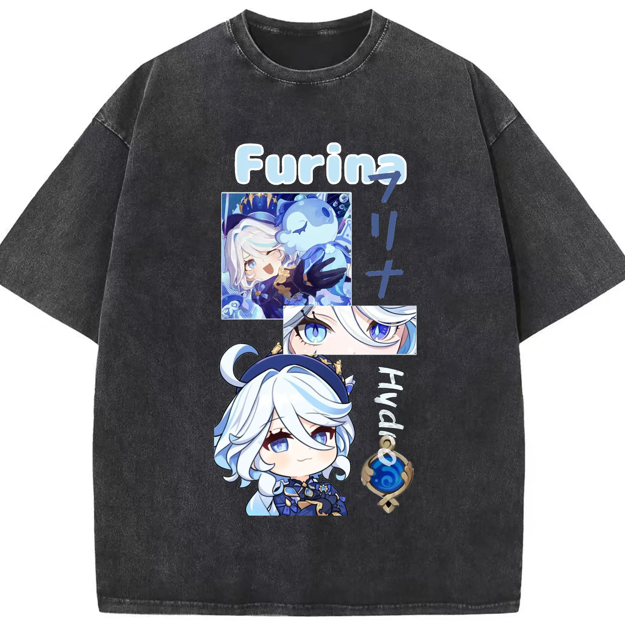 Genshin フォンテーヌ 水神すいじんフォカロルス フリーナ - 綿100％ ヴィンテージ風 半袖Tシャツ ・ フロントプリント ・ 柔らか肌触り ・ 通気性 快適 ・ スポーツ カジュアル 外出用