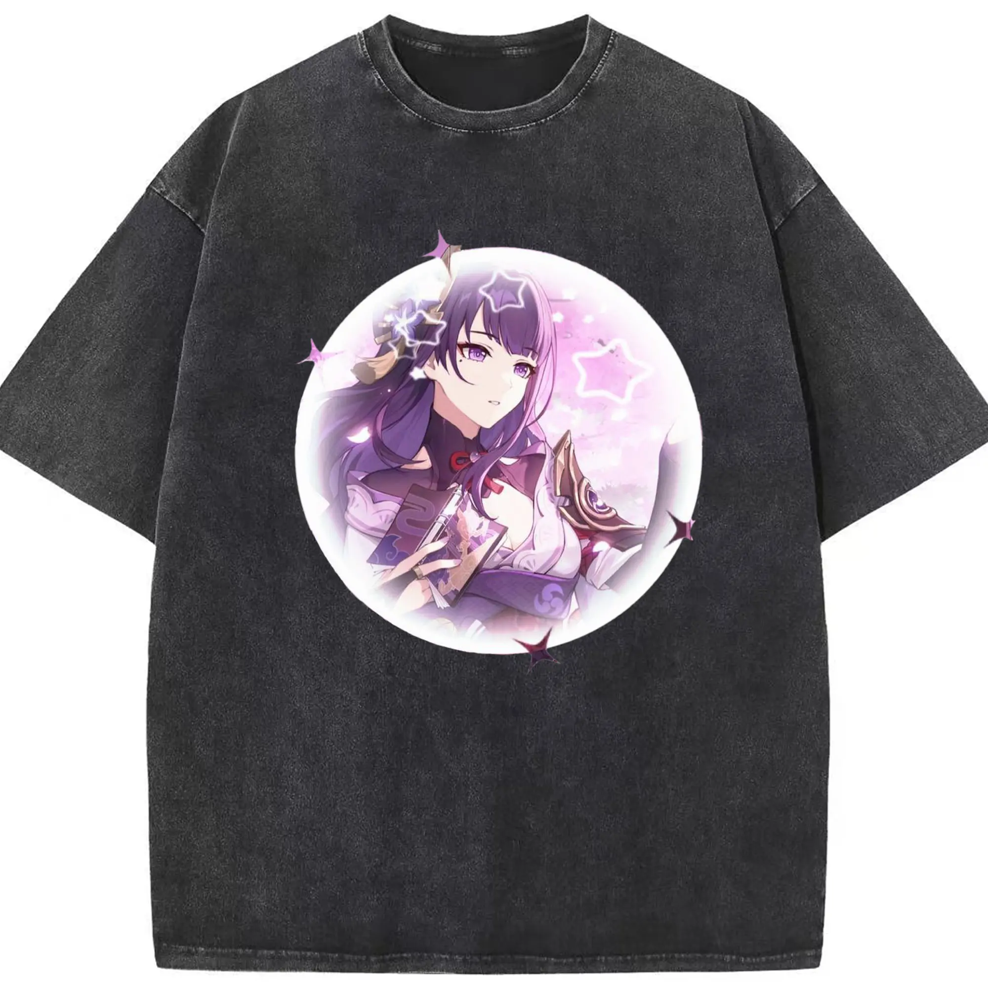 Genshinイナズマ 雷電将軍 - 綿100％ ヴィンテージ風 半袖Tシャツ ・ フロントプリント ・ 柔らか肌触り ・ 通気性 快適 ・ スポーツ カジュアル 外出用