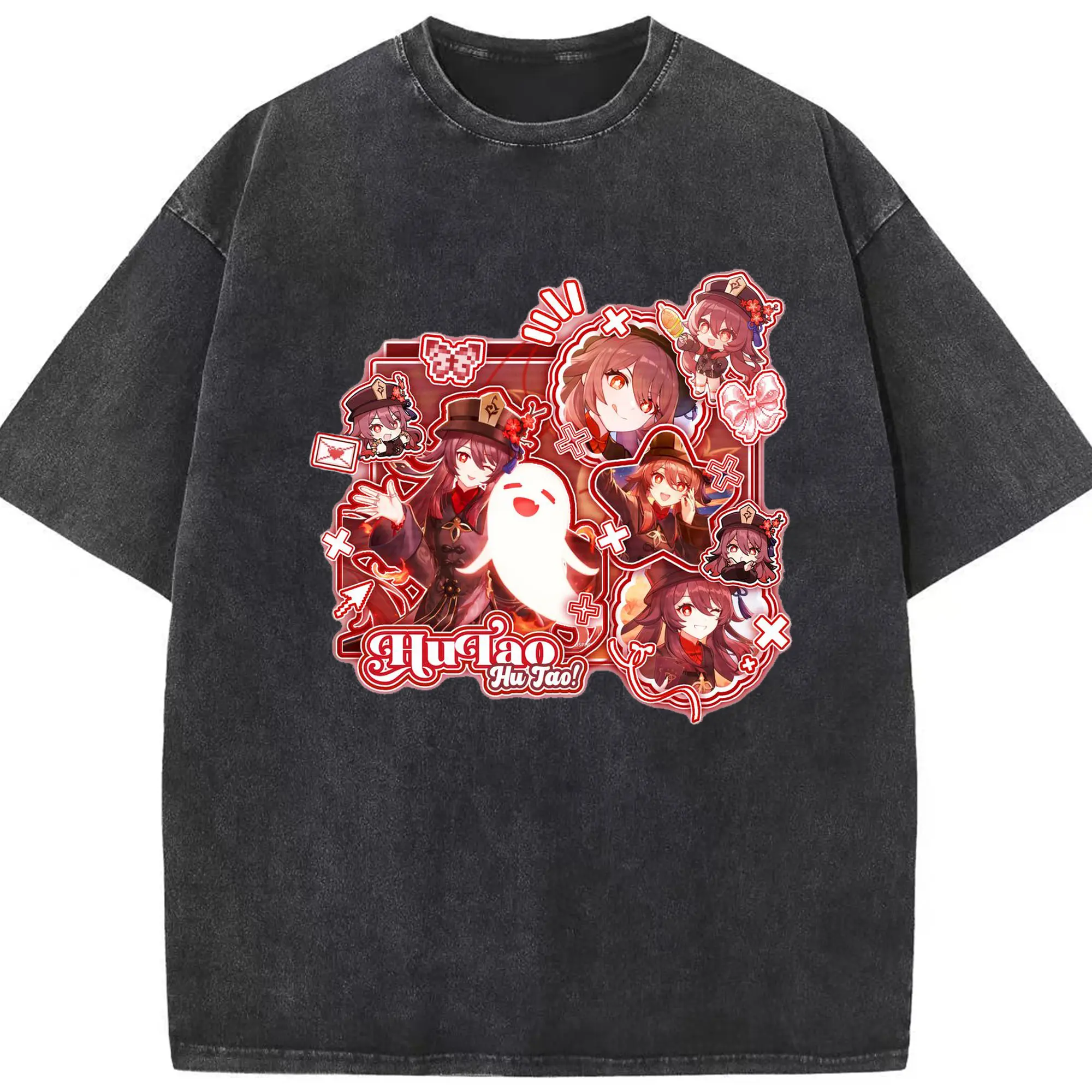 Genshin リーユエ フータオ - 綿100％ ヴィンテージ風 半袖Tシャツ ・ フロントプリント ・ 柔らか肌触り ・ 通気性 快適 ・ スポーツ カジュアル 外出用