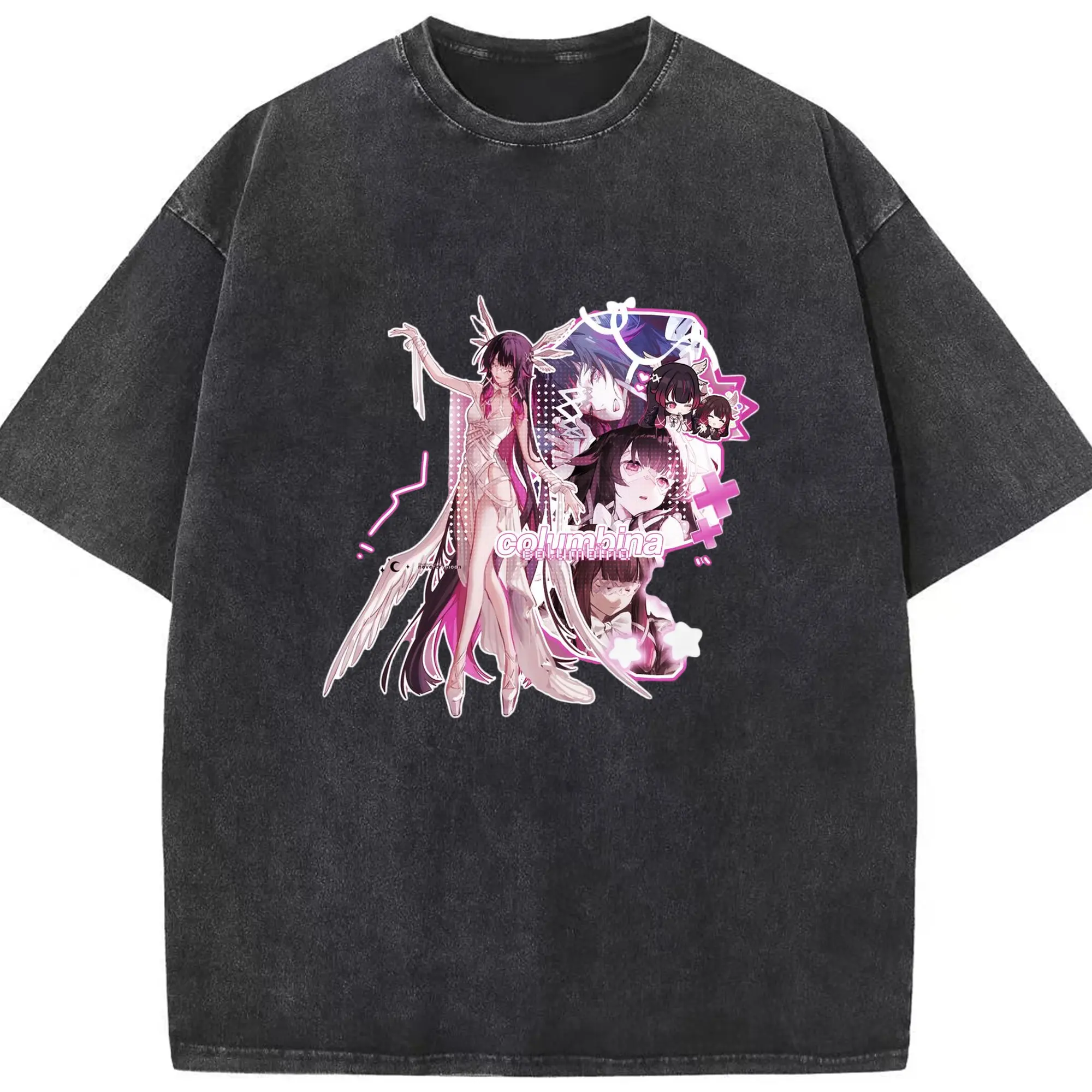 Genshin ナド・クライ 月神 げっしん コロンビーナ - 綿100％ ヴィンテージ風 半袖Tシャツ ・ フロントプリント ・ 柔らか肌触り ・ 通気性 快適 ・ スポーツ カジュアル 外出用