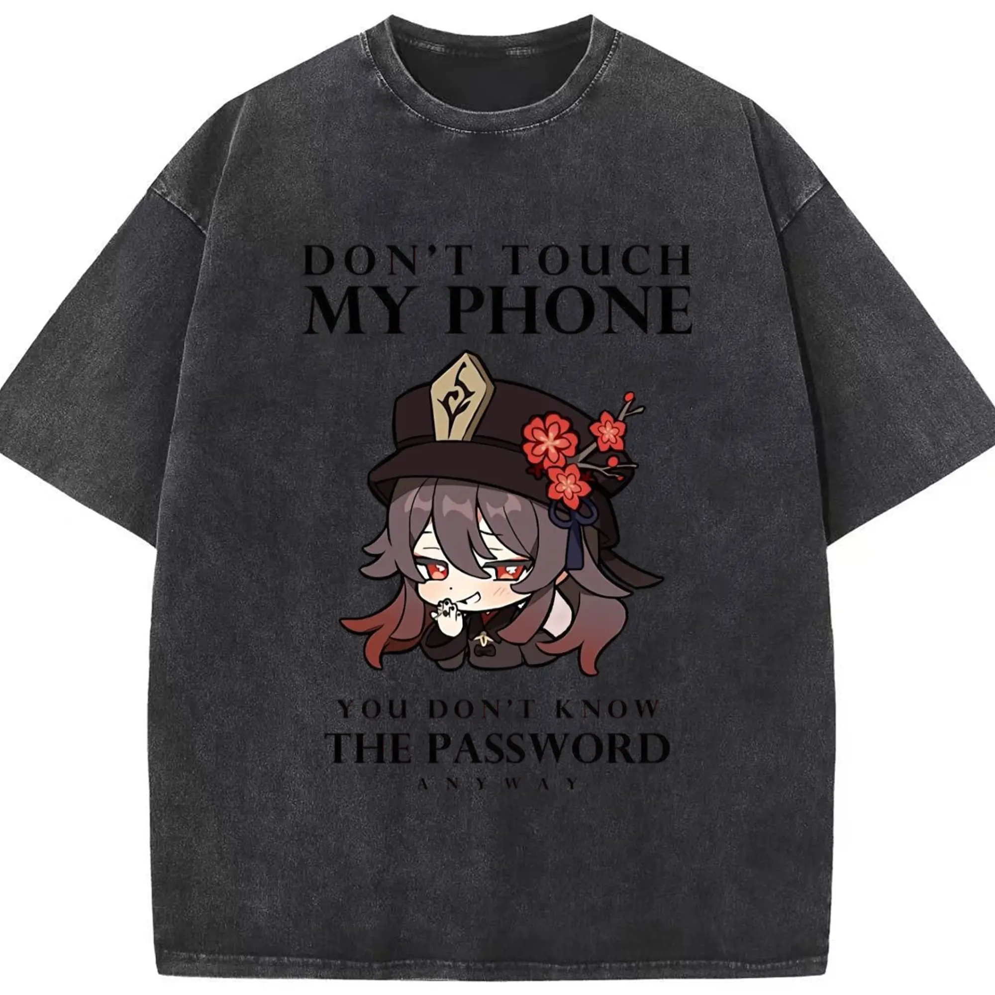 Genshinフータオ dont touch My Phone - 綿100％ ヴィンテージ風 半袖Tシャツ ・ フロントプリント ・ 柔らか肌触り ・ 通気性 快適 ・ スポーツ カジュアル 外出用