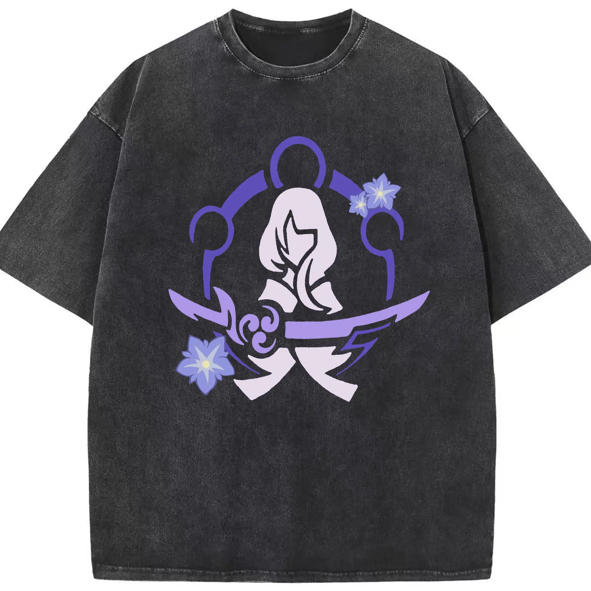 Genshin イナズマ 雷神らいじん ライデンショウグンロゴ - 綿100％ ヴィンテージ風 半袖Tシャツ ・ フロントプリント ・ 柔らか肌触り ・ 通気性 快適 ・ スポーツ カジュアル 外出用