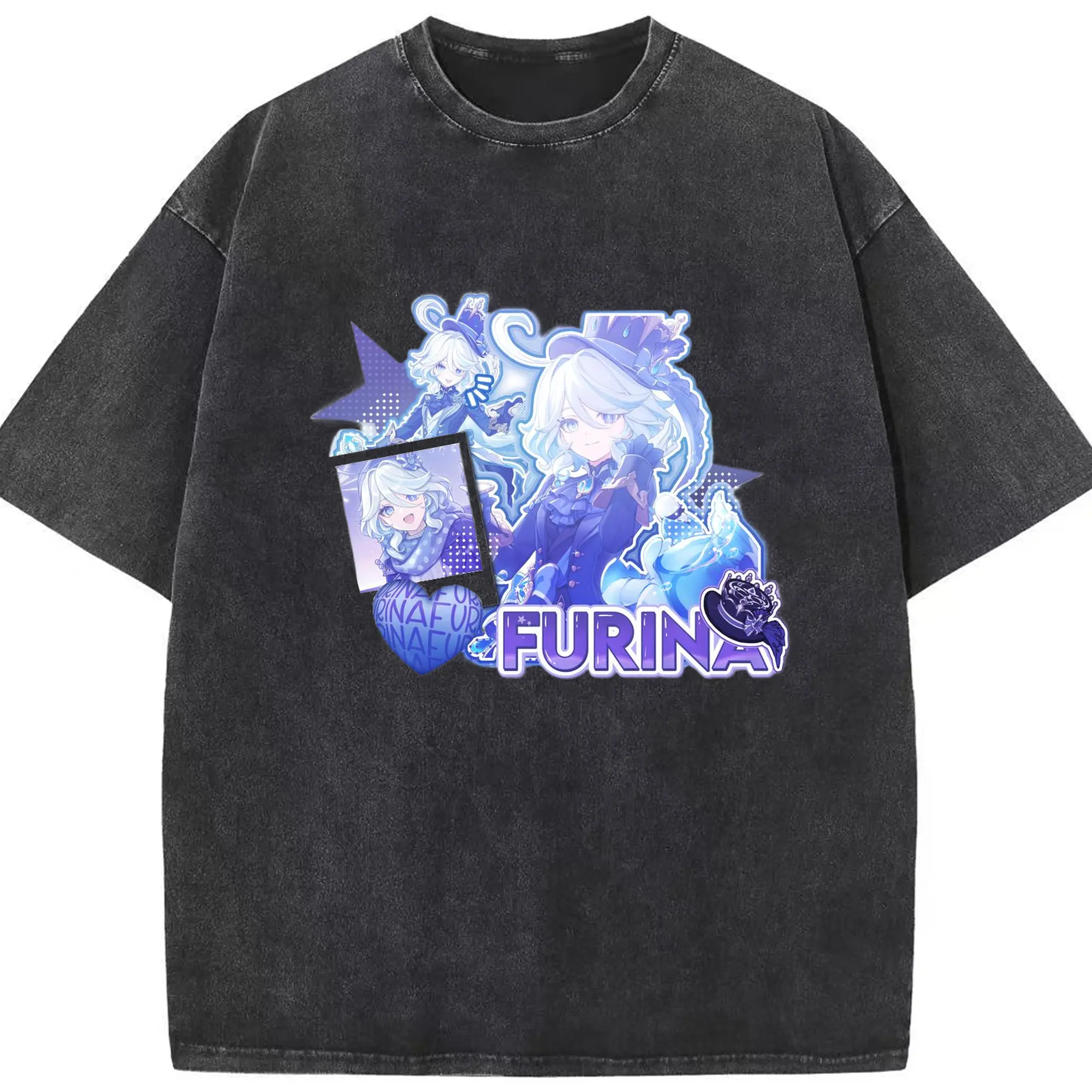 Genshin フォンテーヌ 水神すいじんフォカロルス フリーナ - 綿100％ ヴィンテージ風 半袖Tシャツ ・ フロントプリント ・ 柔らか肌触り ・ 通気性 快適 ・ スポーツ カジュアル 外出用