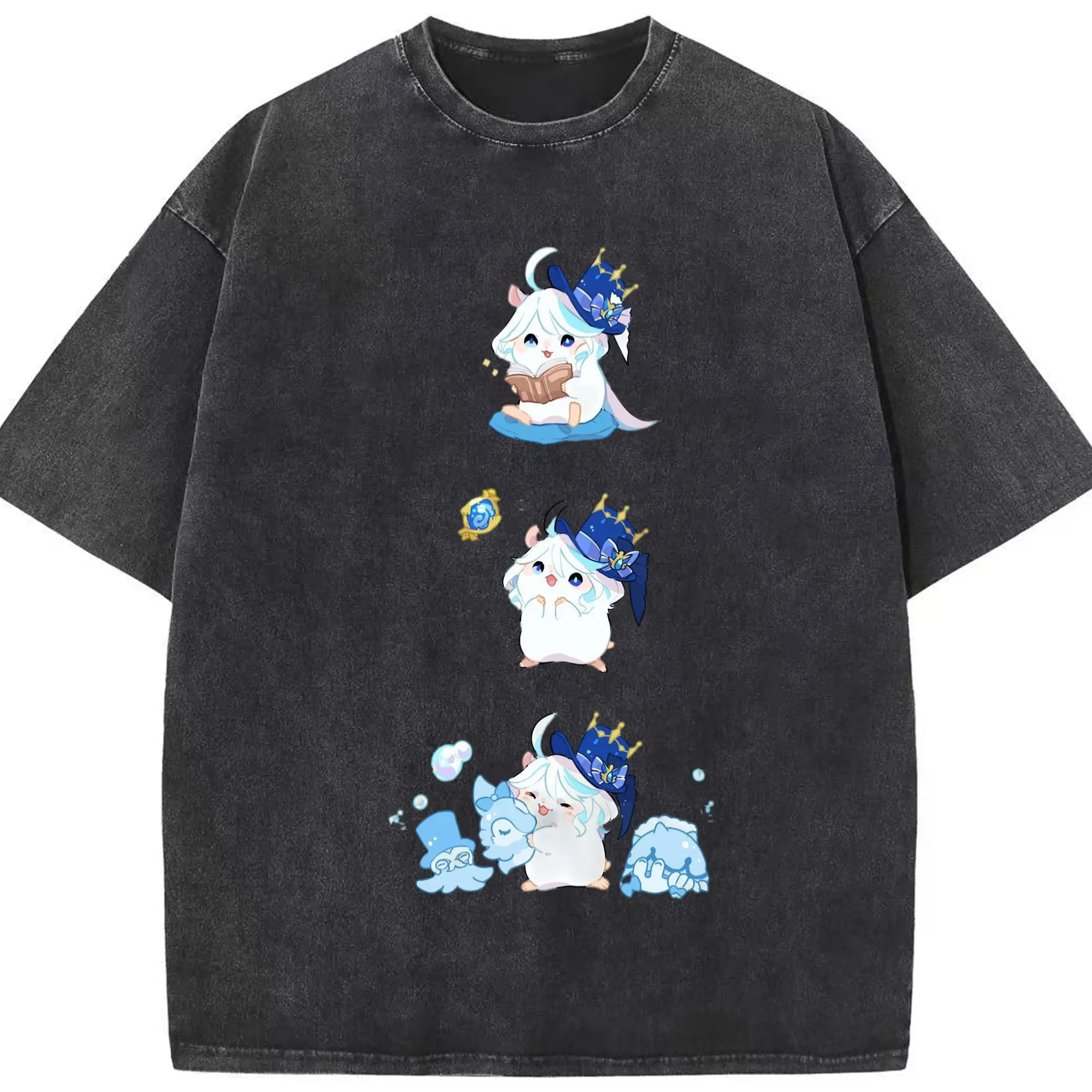 Genshin フォンテーヌ 水神すいじんフォカロルス フリーナ - 綿100％ ヴィンテージ風 半袖Tシャツ ・ フロントプリント ・ 柔らか肌触り ・ 通気性 快適 ・ スポーツ カジュアル 外出用