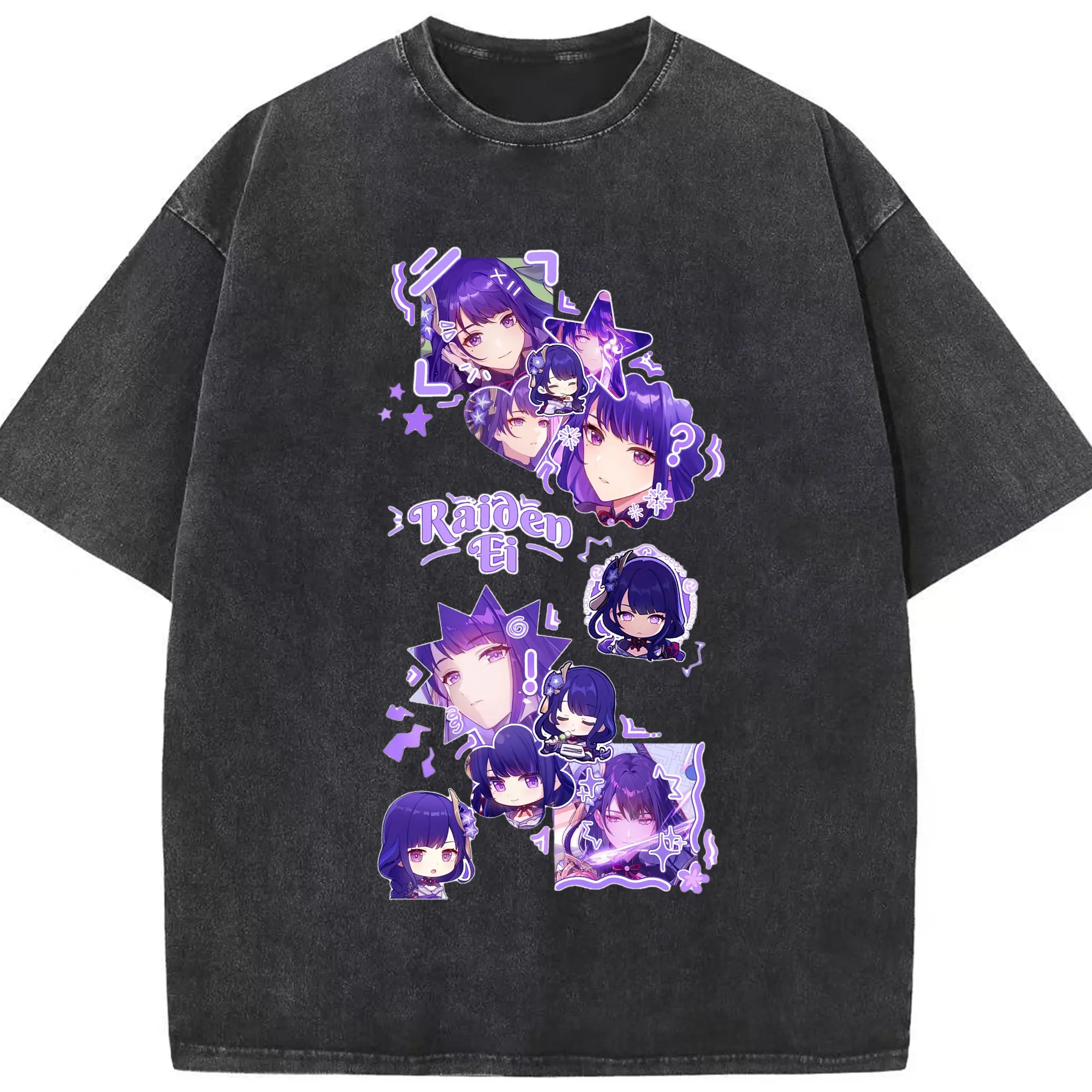 Genshin イナズマ 雷神らいじん ライデンショウグン - 綿100％ ヴィンテージ風 半袖Tシャツ ・ フロントプリント ・ 柔らか肌触り ・ 通気性 快適 ・ スポーツ カジュアル 外出用