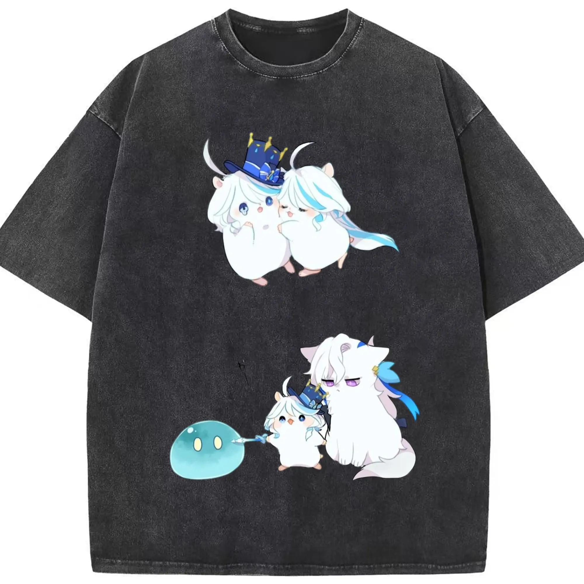 Genshin フォンテーヌ 水神すいじんフォカロルス フリーナ ヌヴィレット - 綿100％ ヴィンテージ風 半袖Tシャツ ・ フロントプリント ・ 柔らか肌触り ・ 通気性 快適 ・ スポーツ カジュアル 外出用