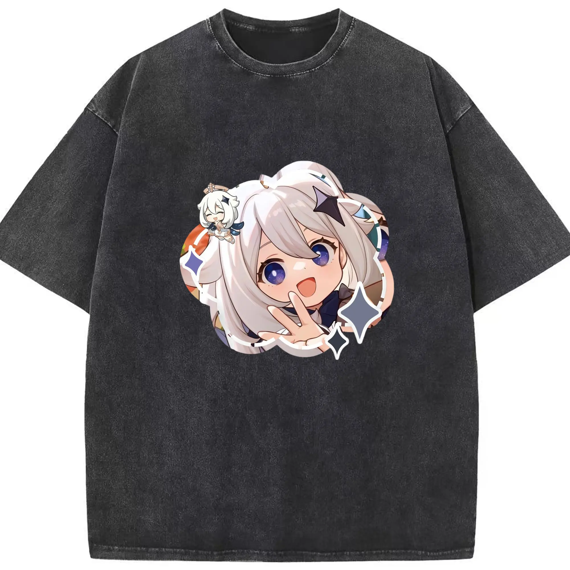 Genshin パイモン - 綿100％ ヴィンテージ風 半袖Tシャツ ・ フロントプリント ・ 柔らか肌触り ・ 通気性 快適 ・ スポーツ カジュアル 外出用